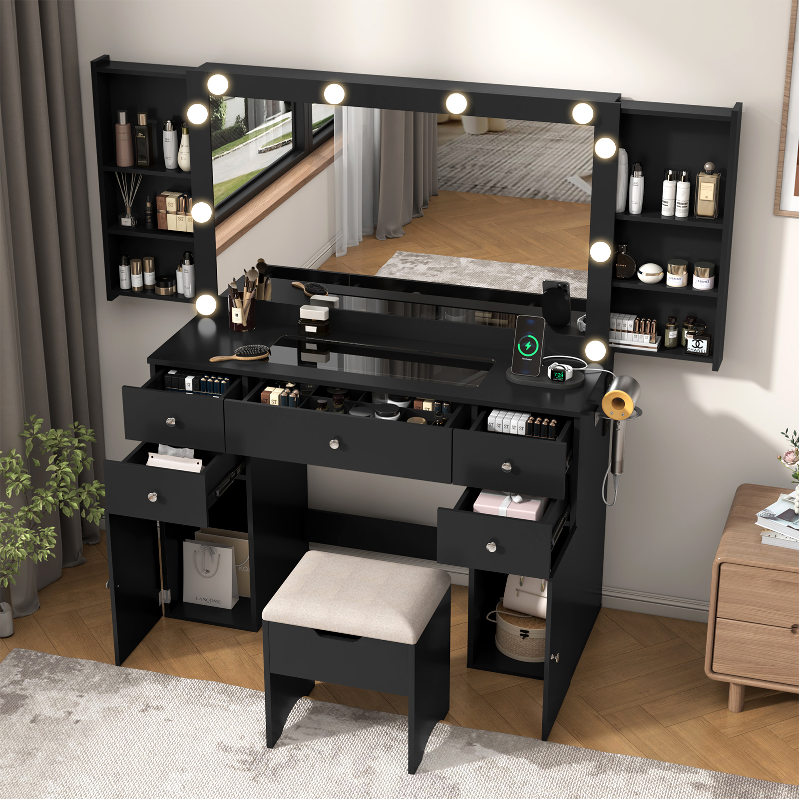 Makeup Vanity Desk with Lighted Mirror & Power Outlet & Glass Top & Drawers, Sliding Storage