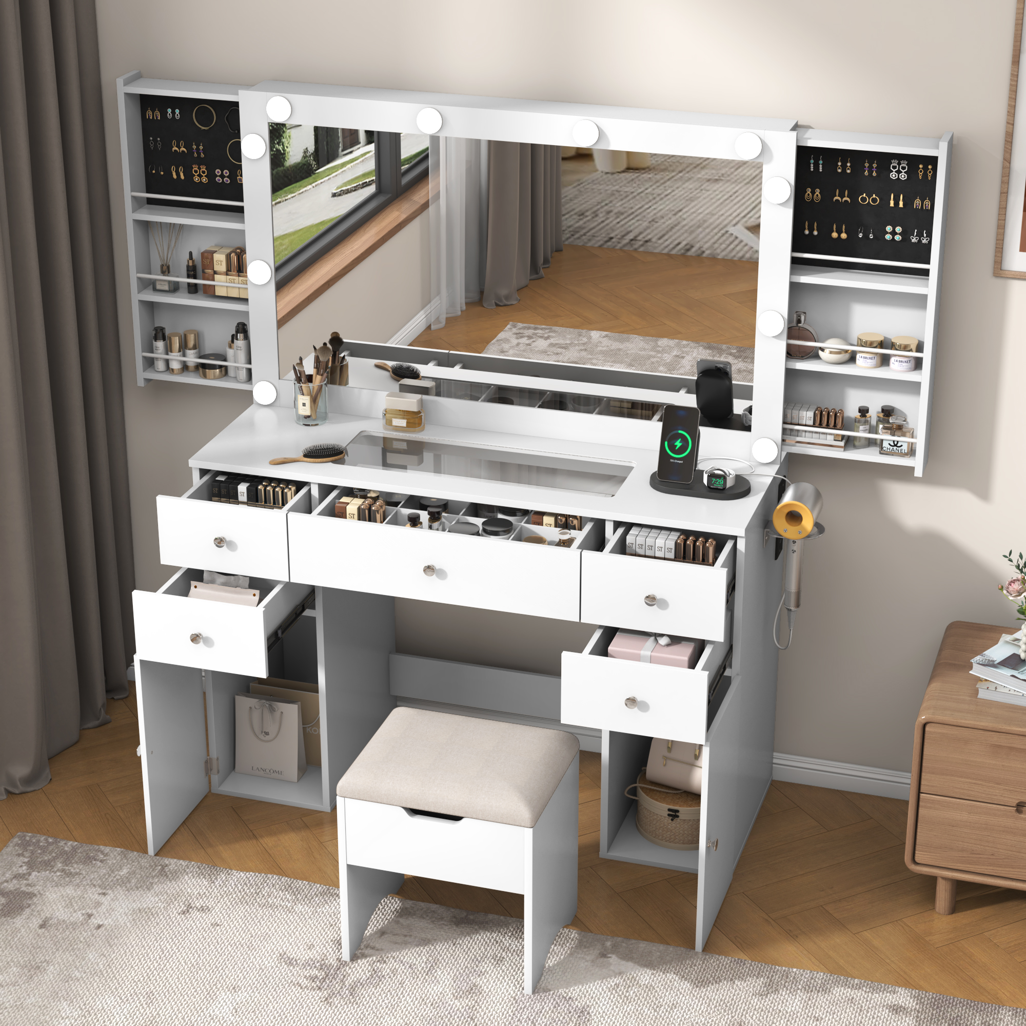 Makeup Vanity Desk with Lighted Mirror & Power Outlet & Glass Top & Drawers, Sliding Storage