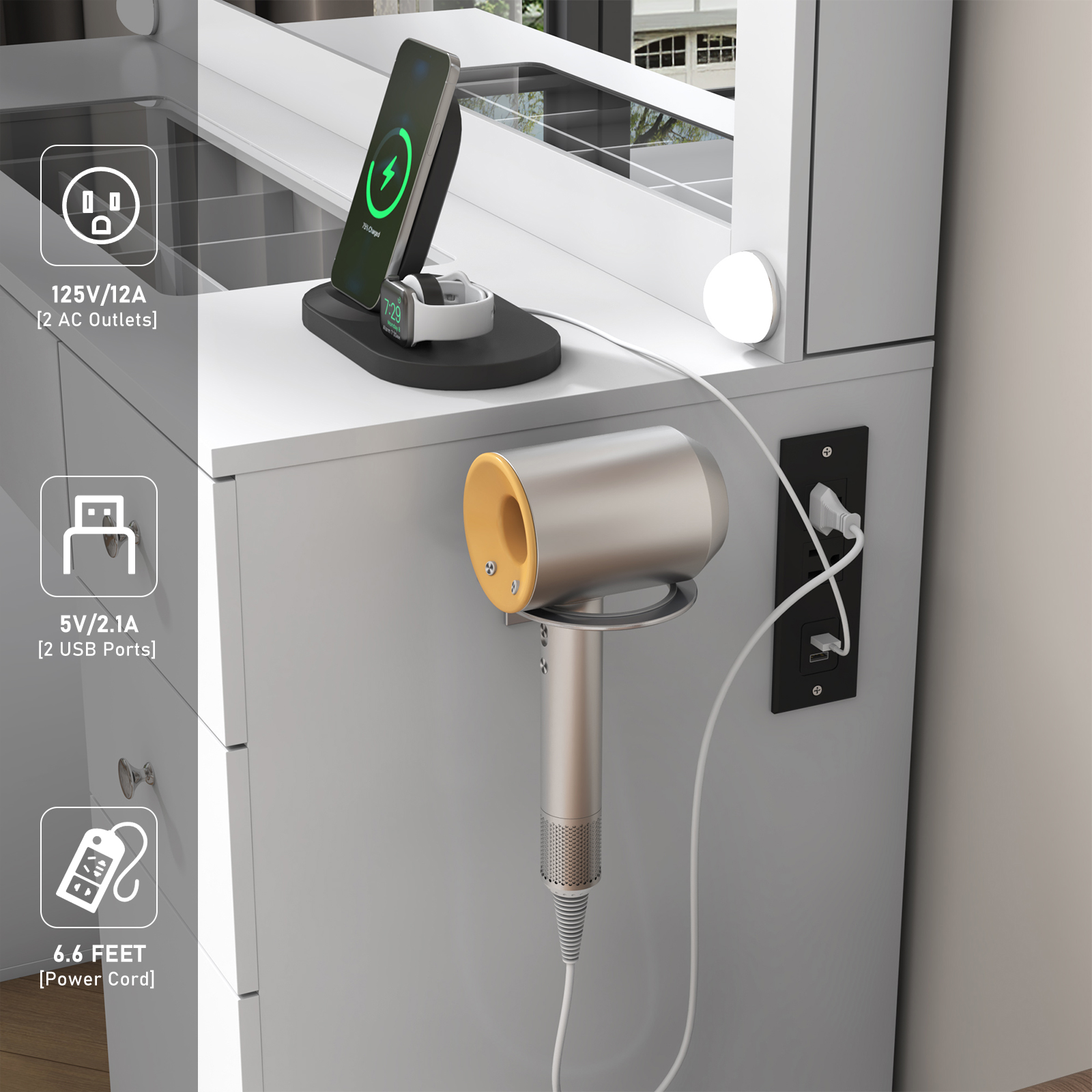 Makeup Vanity Desk with Lighted Mirror & Power Outlet & Glass Top & Drawers, Sliding Storage