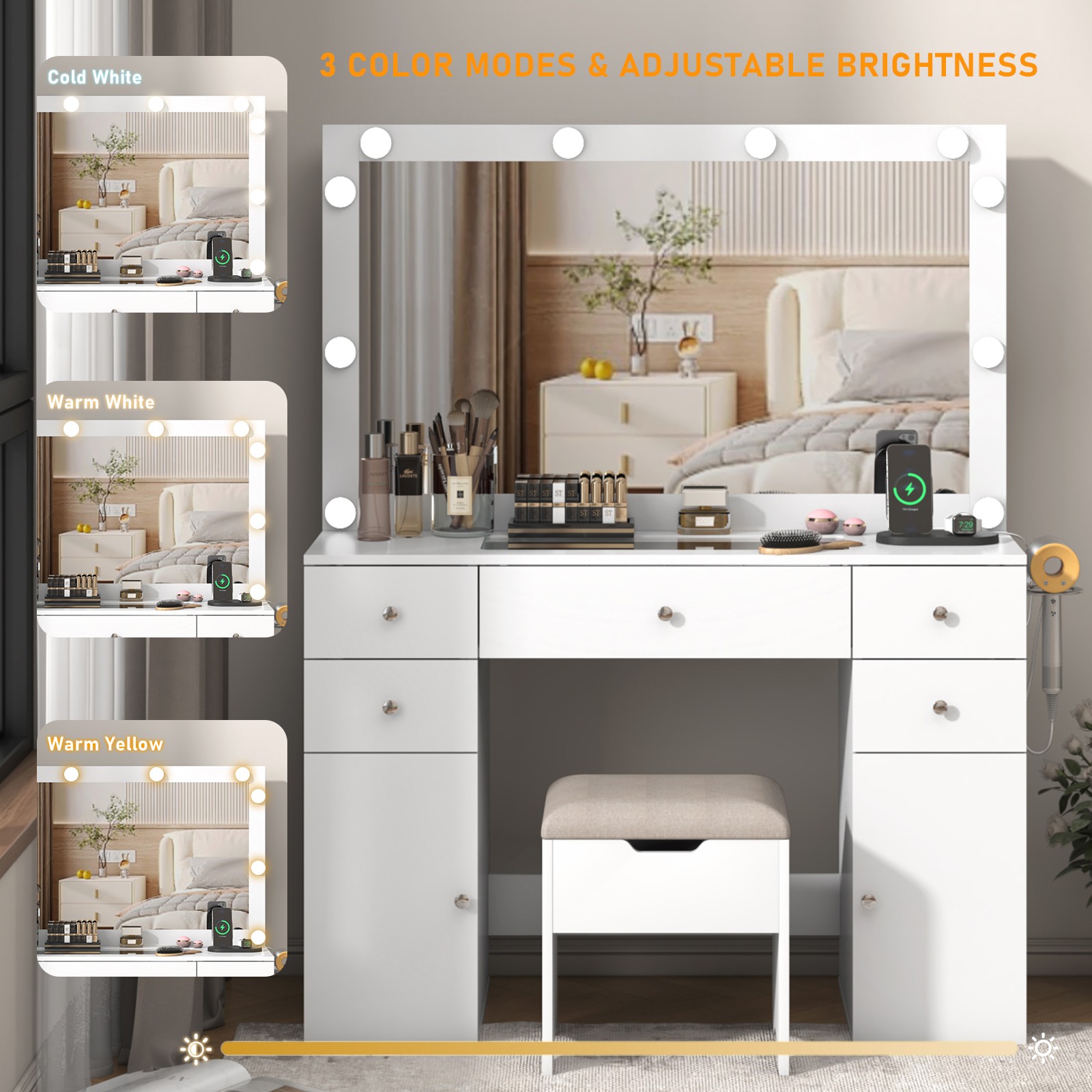 Makeup Vanity Desk with Lighted Mirror & Power Outlet & Glass Top & Drawers, Sliding Storage