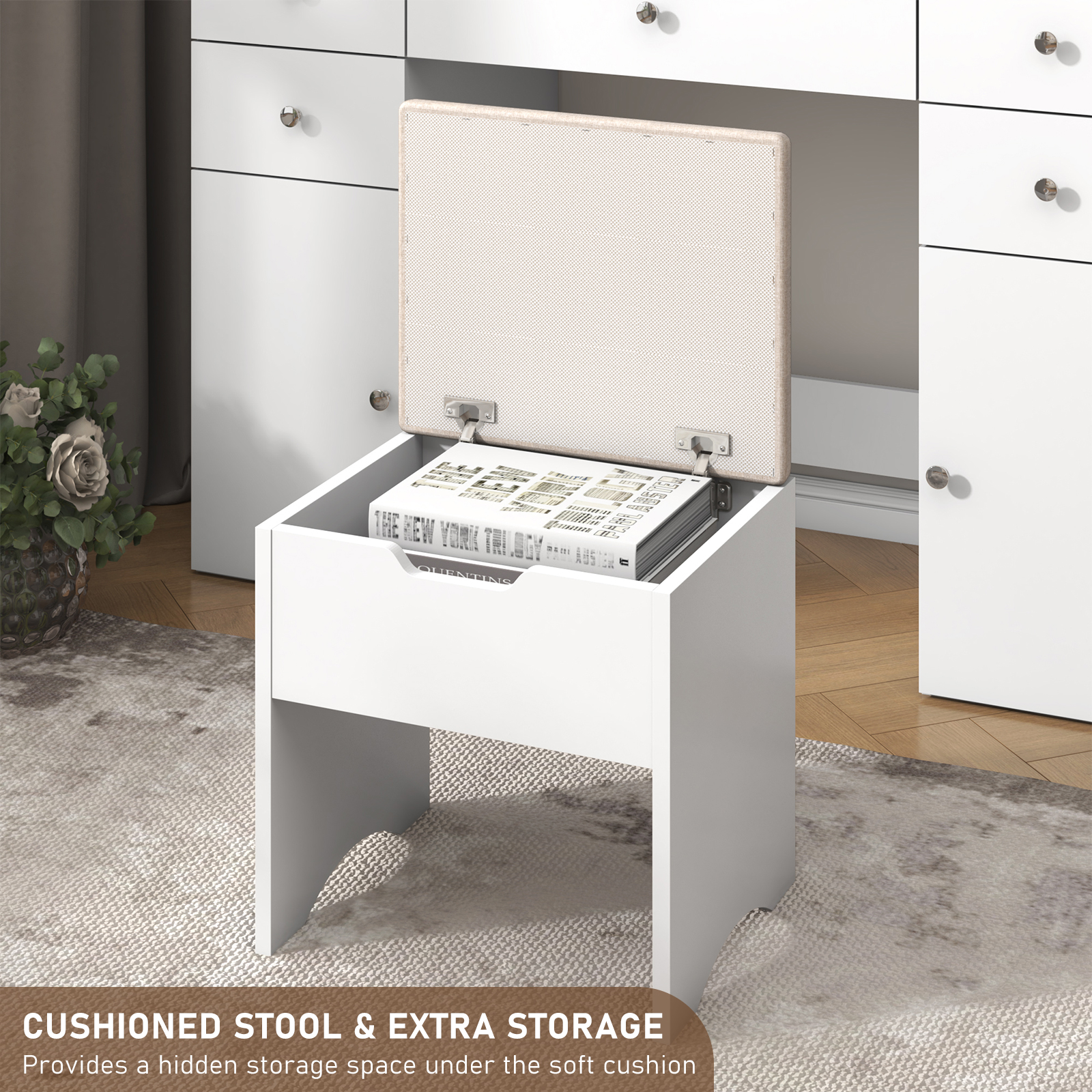 Makeup Vanity Desk with Lighted Mirror & Power Outlet & Glass Top & Drawers, Sliding Storage