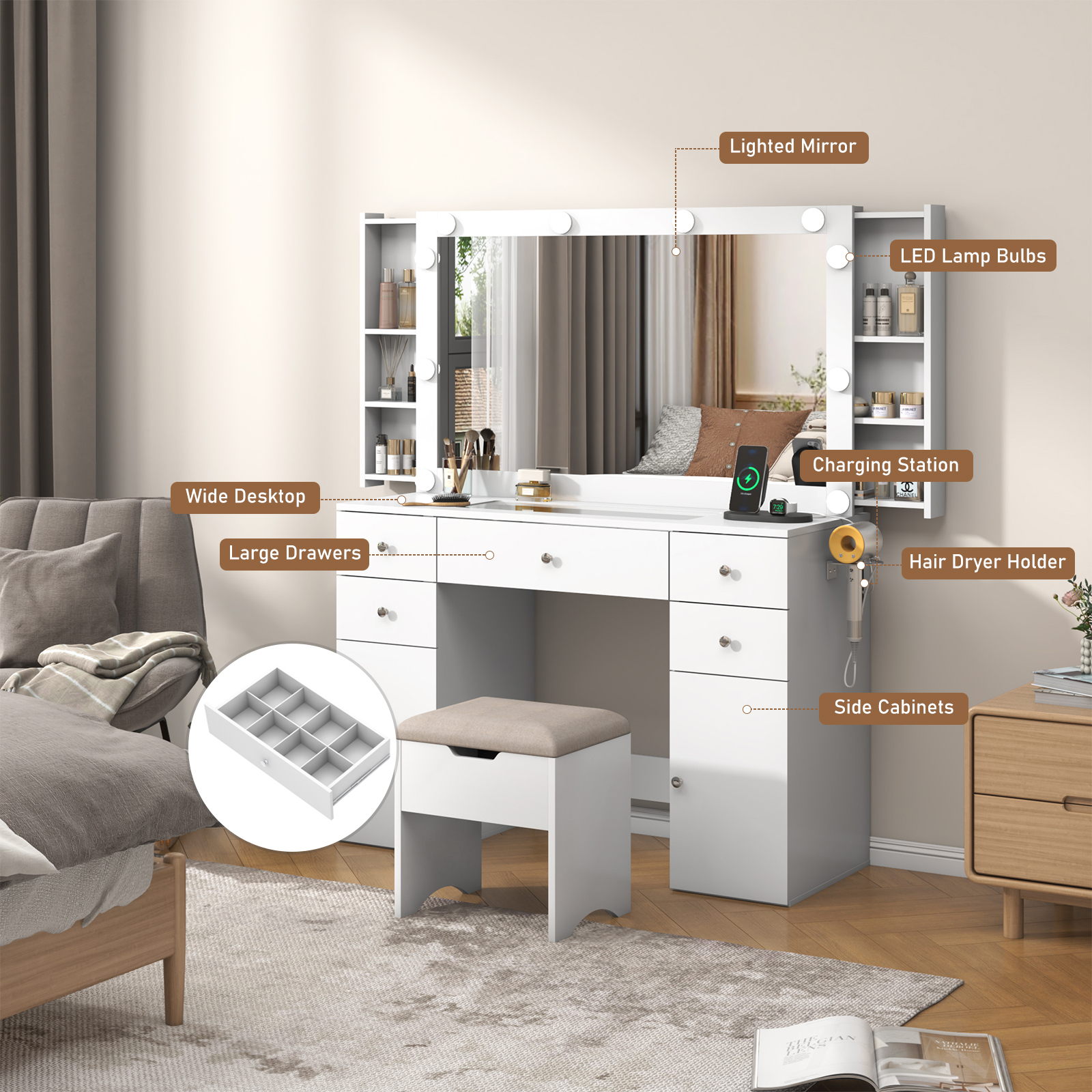 Makeup Vanity Desk with Lighted Mirror & Power Outlet & Glass Top & Drawers, Sliding Storage