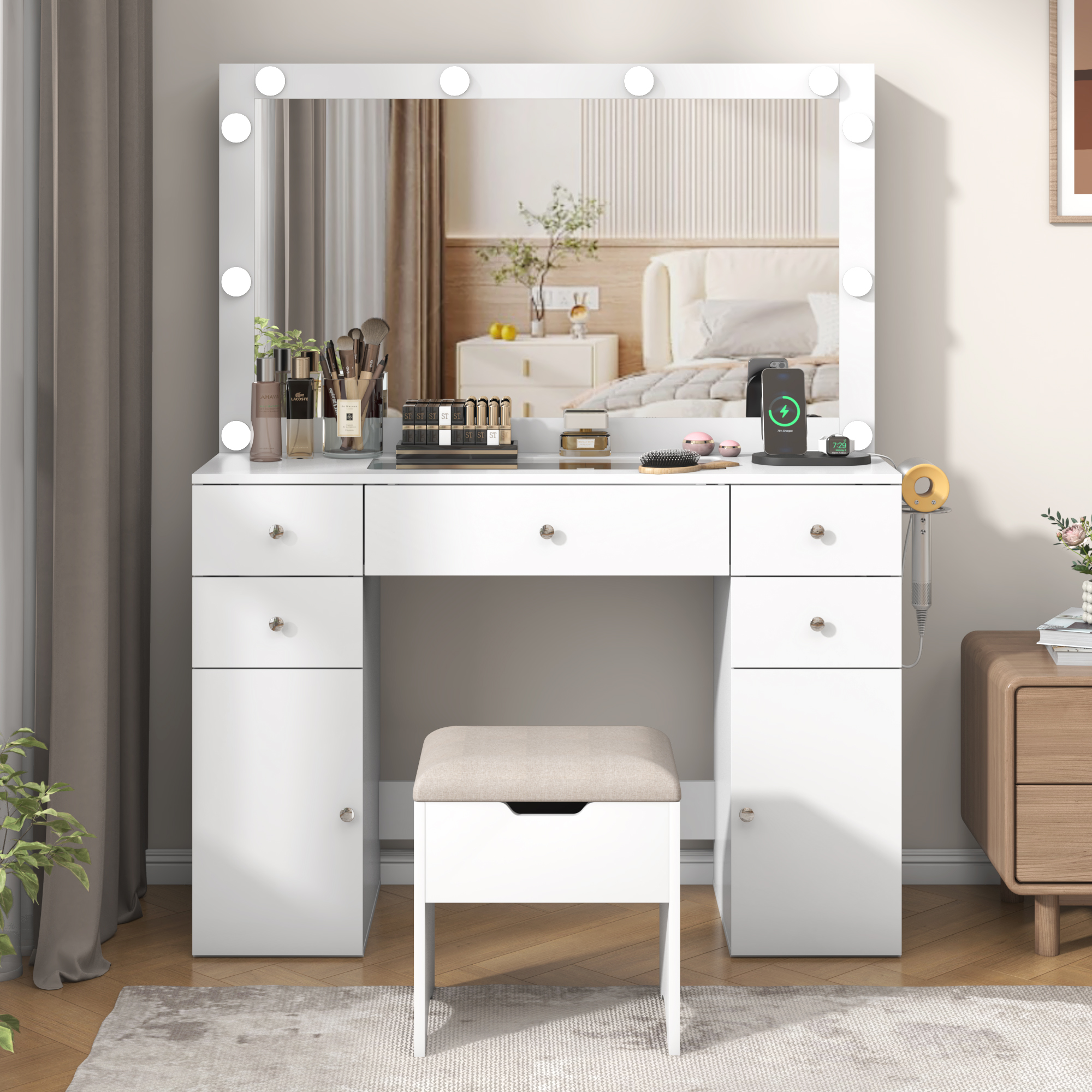 Makeup Vanity Desk with Lighted Mirror & Power Outlet & Glass Top & Drawers, Sliding Storage