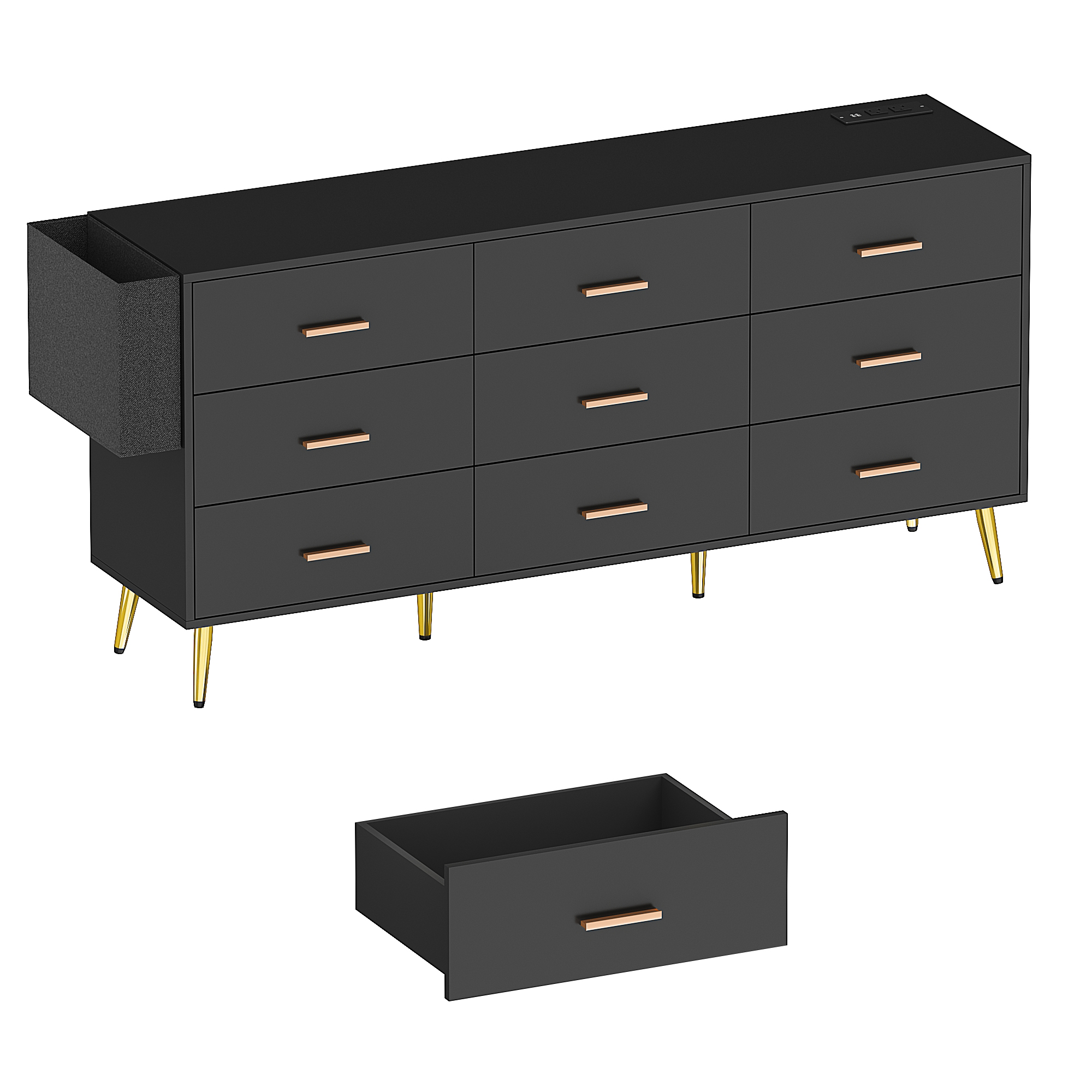 9 Drawer Dresser for Bedroom, 63" Wide Dresser with Charging Station, Mid-Century wood Chest Of Drawers for Living Room, Bedroom, Hallway