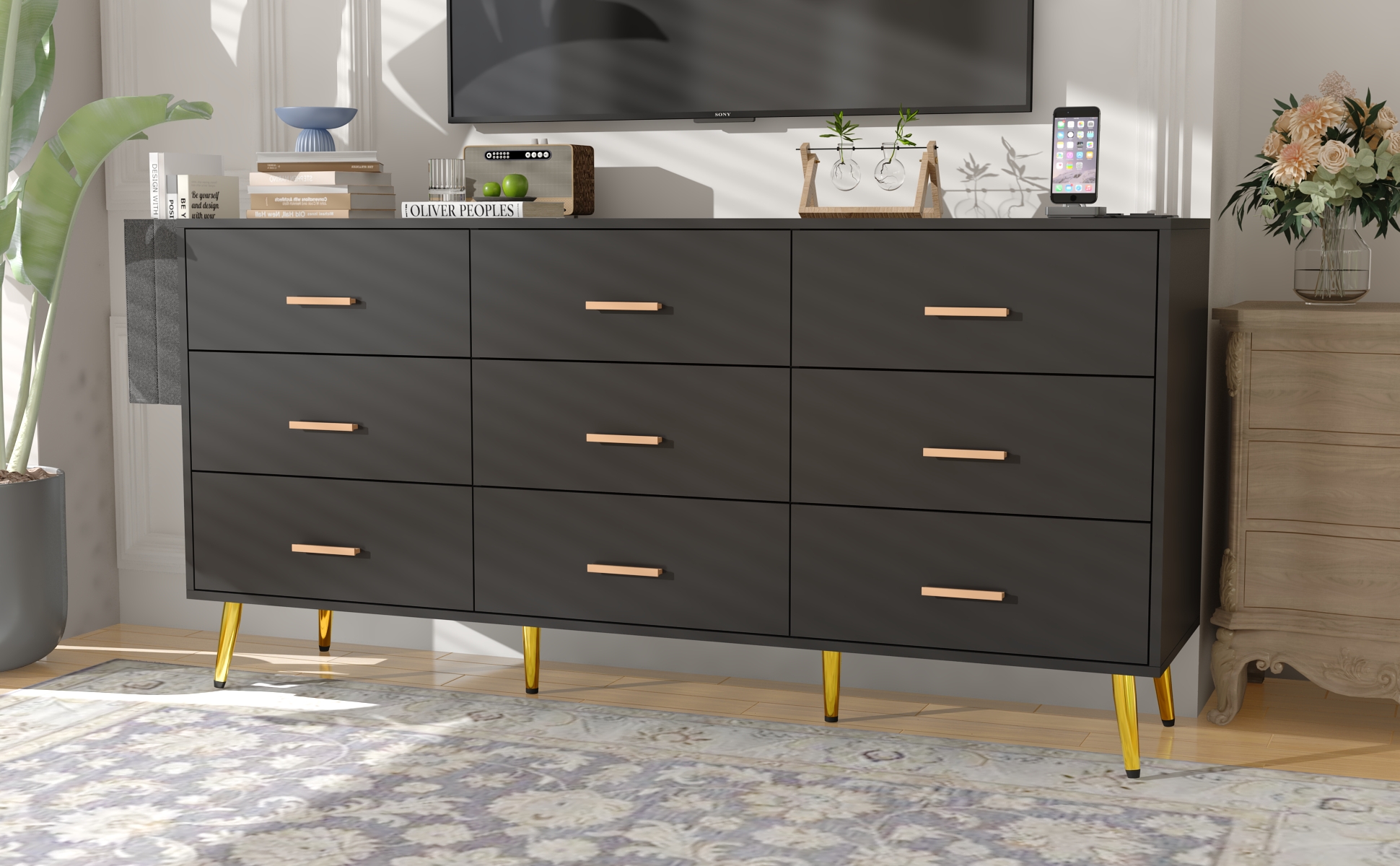 9 Drawer Dresser for Bedroom, 63" Wide Dresser with Charging Station, Mid-Century wood Chest Of Drawers for Living Room, Bedroom, Hallway