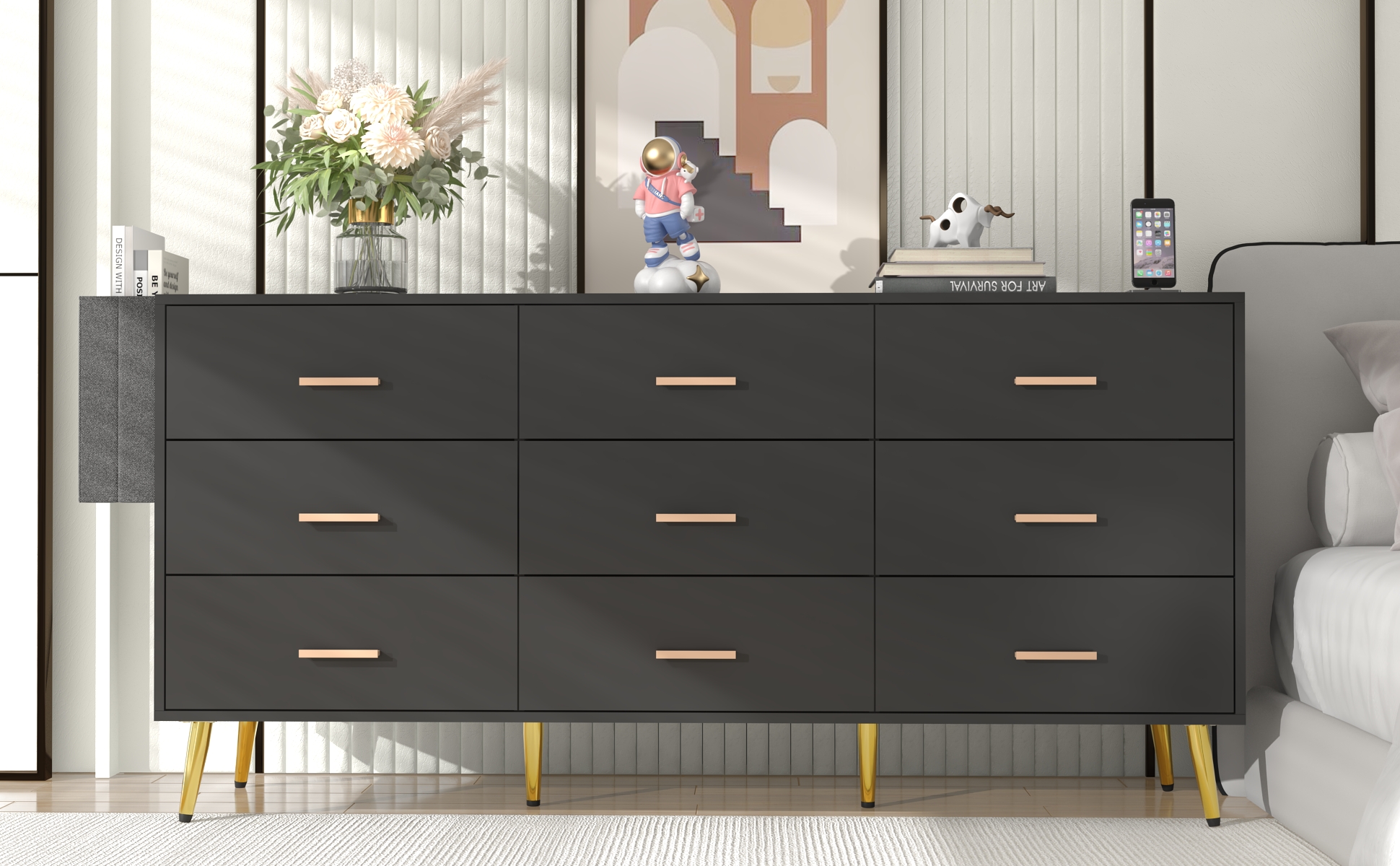 9 Drawer Dresser for Bedroom, 63" Wide Dresser with Charging Station, Mid-Century wood Chest Of Drawers for Living Room, Bedroom, Hallway