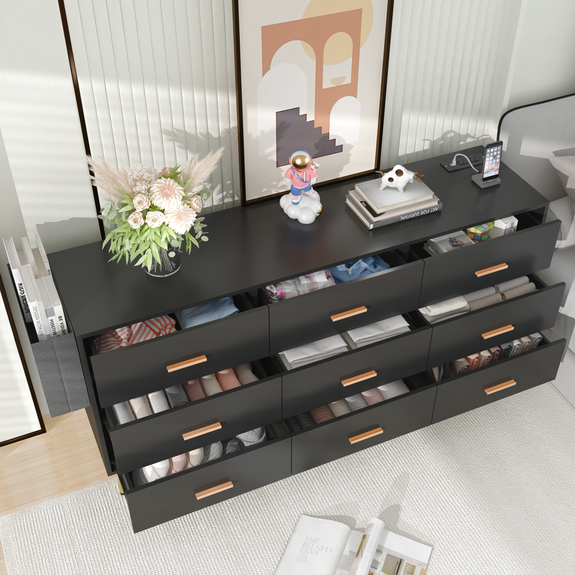 9 Drawer Dresser for Bedroom, 63" Wide Dresser with Charging Station, Mid-Century wood Chest Of Drawers for Living Room, Bedroom, Hallway