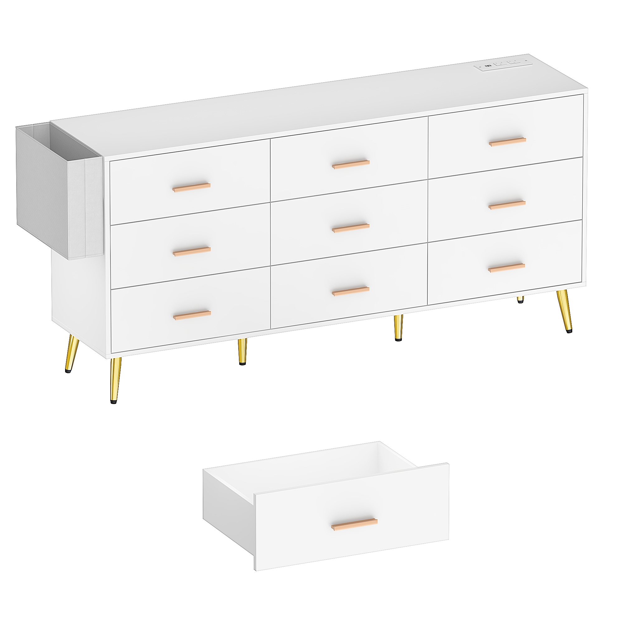 9 Drawer Dresser for Bedroom, 63" Wide Dresser with Charging Station, Mid-Century wood Chest Of Drawers for Living Room, Bedroom, Hallway