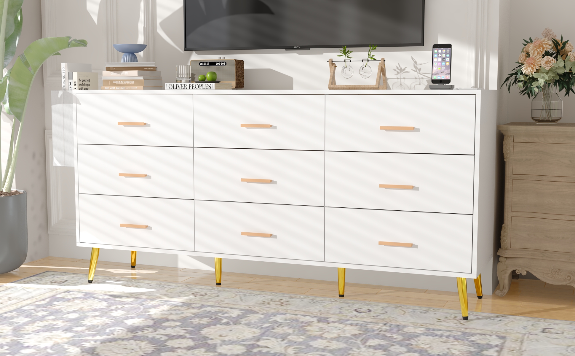 9 Drawer Dresser for Bedroom, 63" Wide Dresser with Charging Station, Mid-Century wood Chest Of Drawers for Living Room, Bedroom, Hallway