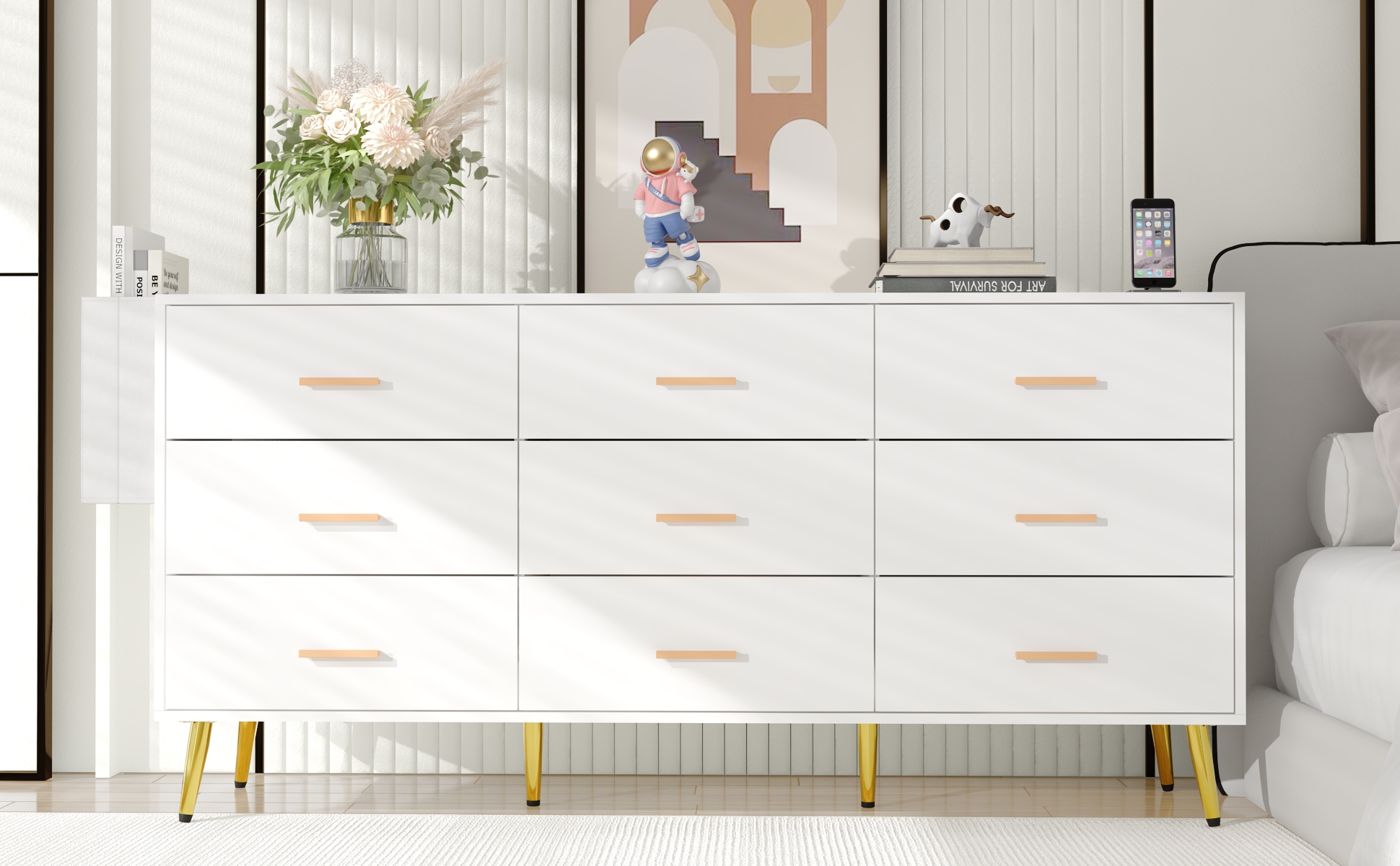 9 Drawer Dresser for Bedroom, 63" Wide Dresser with Charging Station, Mid-Century wood Chest Of Drawers for Living Room, Bedroom, Hallway