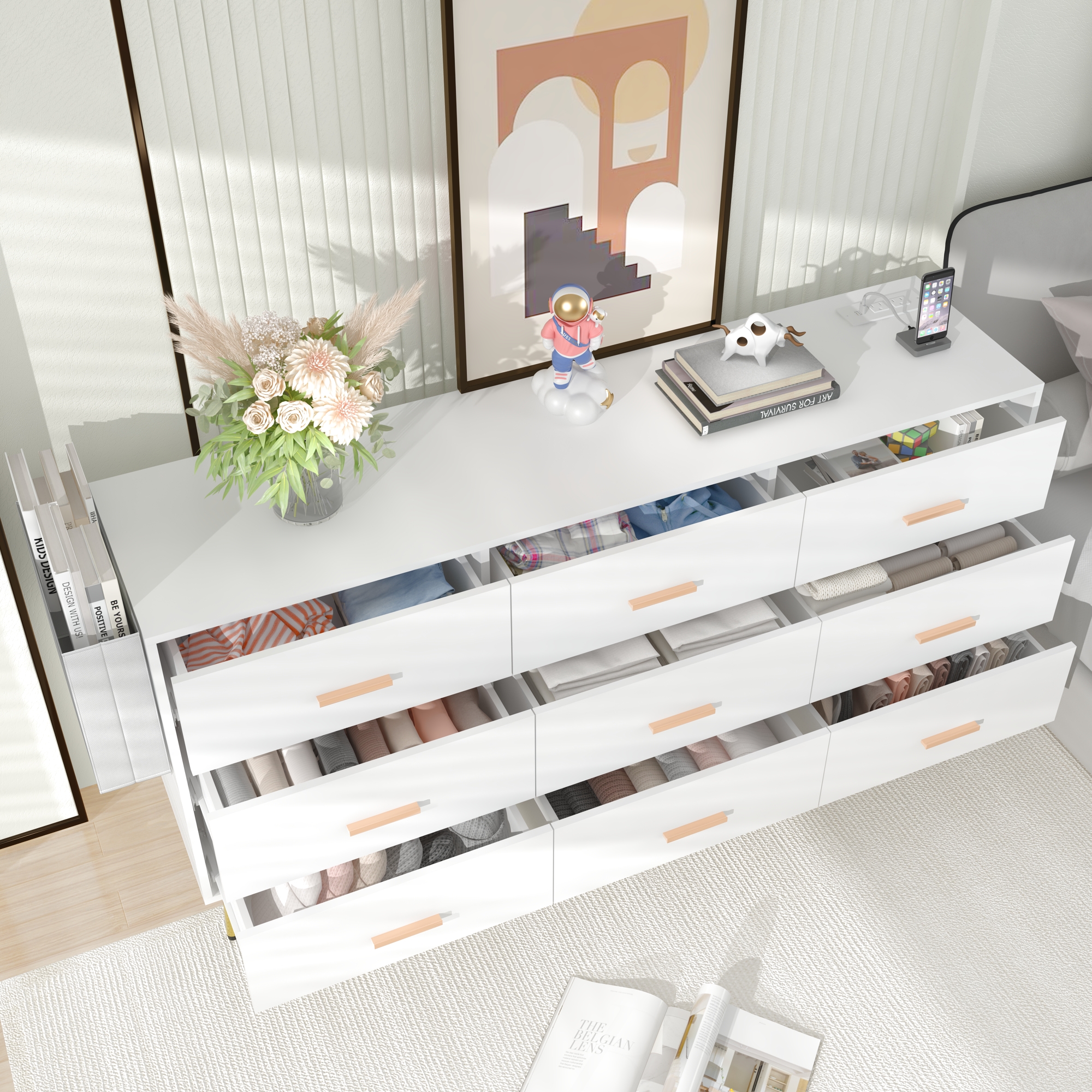 9 Drawer Dresser for Bedroom, 63" Wide Dresser with Charging Station, Mid-Century wood Chest Of Drawers for Living Room, Bedroom, Hallway