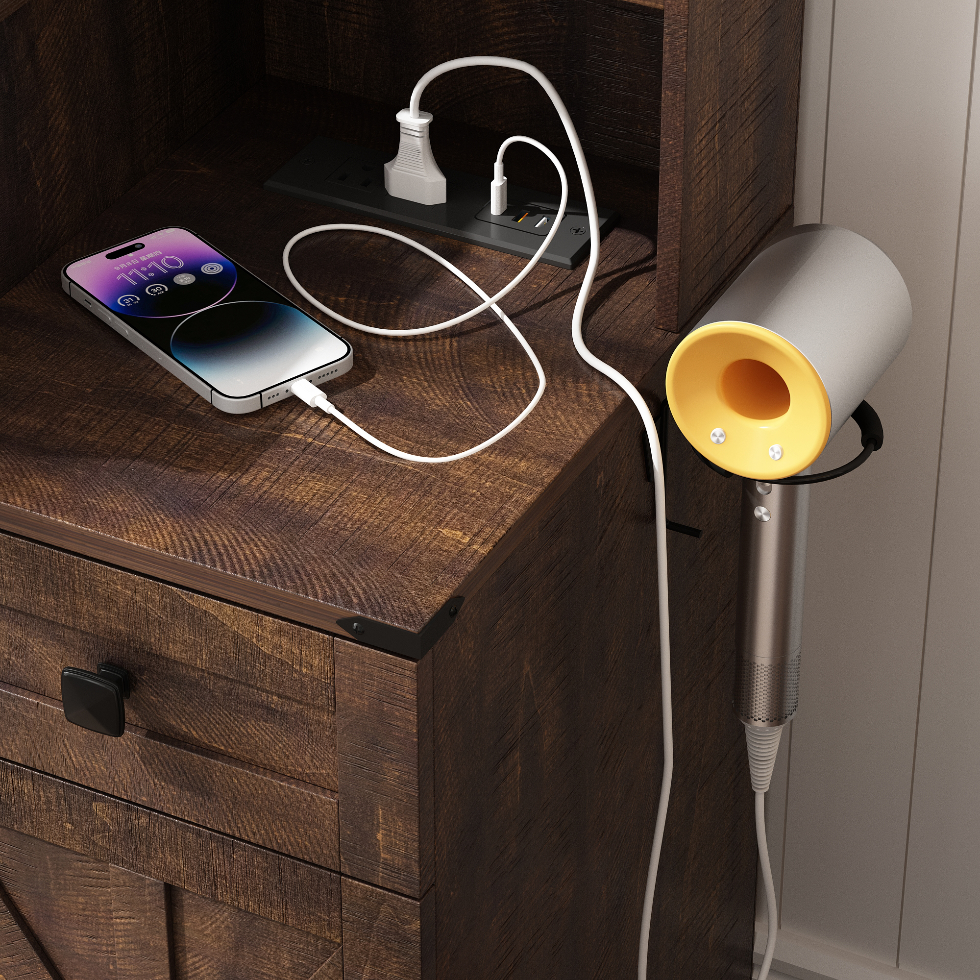 Blotout 47" Farmhouse Makeup Vanity Desk with Sliding Mirror and Lights, Glass Top Vanity Table with Charging Station & 3 Drawers & 1 Cabinet & Stool