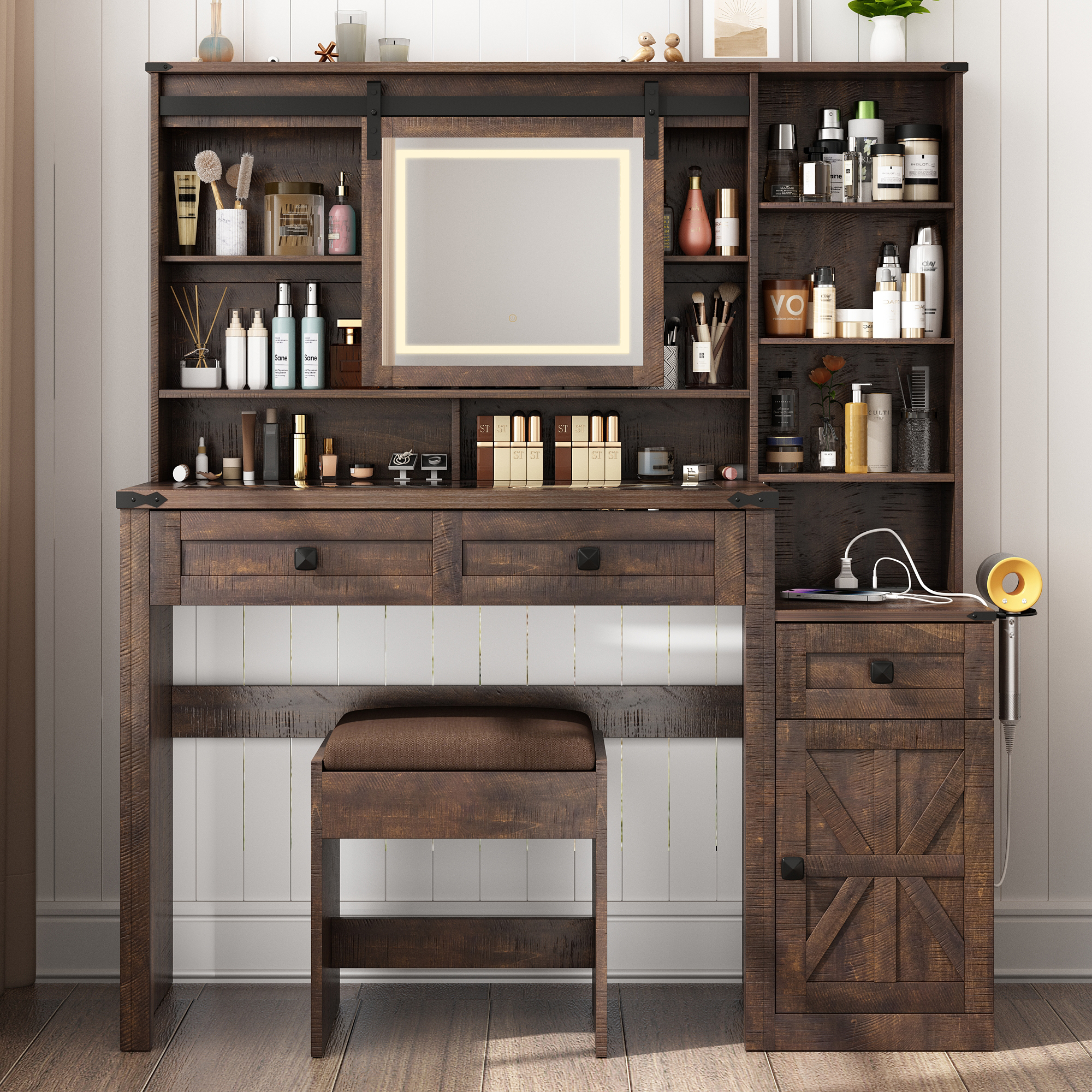 Blotout 47" Farmhouse Makeup Vanity Desk with Sliding Mirror and Lights, Glass Top Vanity Table with Charging Station & 3 Drawers & 1 Cabinet & Stool