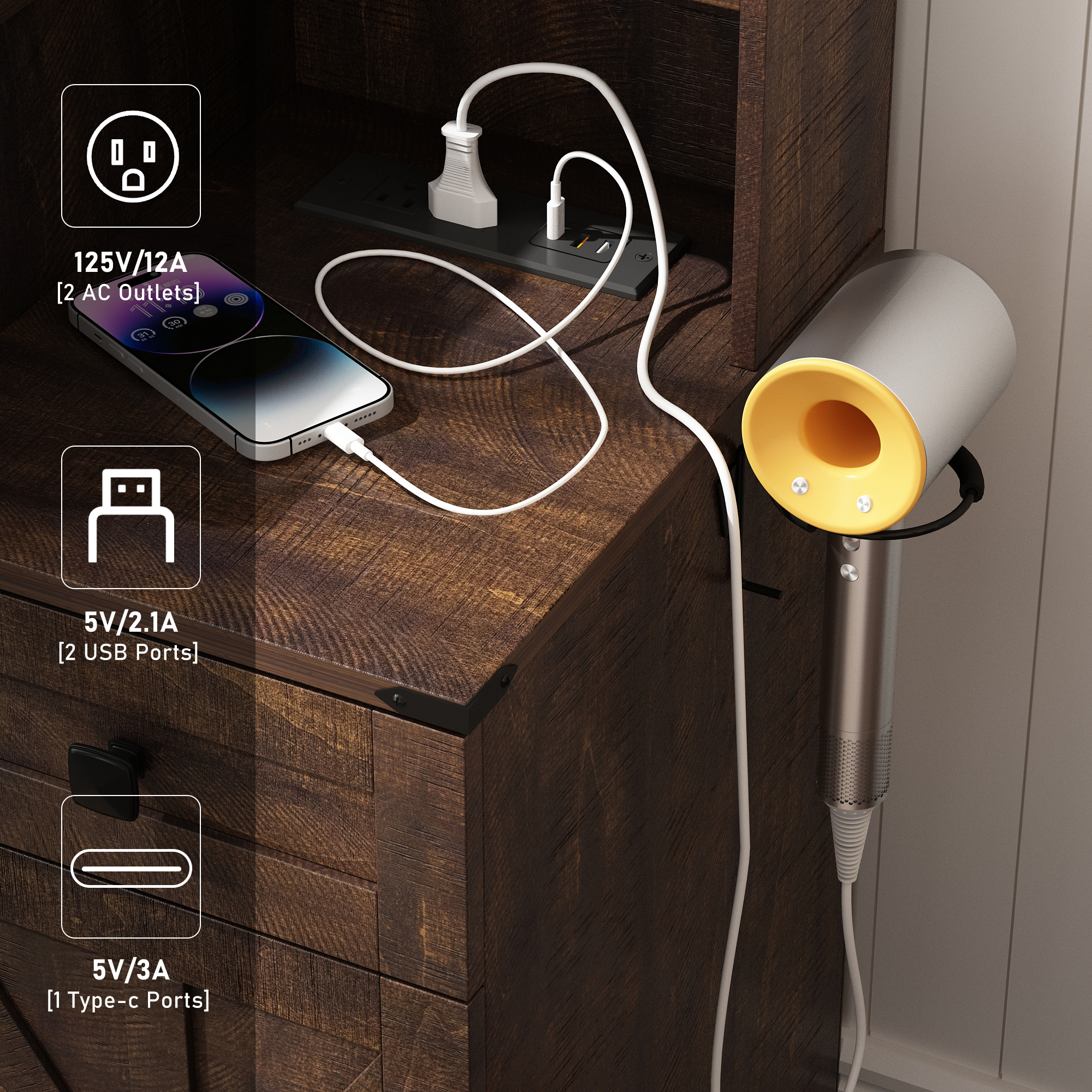 Blotout 47" Farmhouse Makeup Vanity Desk with Sliding Mirror and Lights, Glass Top Vanity Table with Charging Station & 3 Drawers & 1 Cabinet & Stool