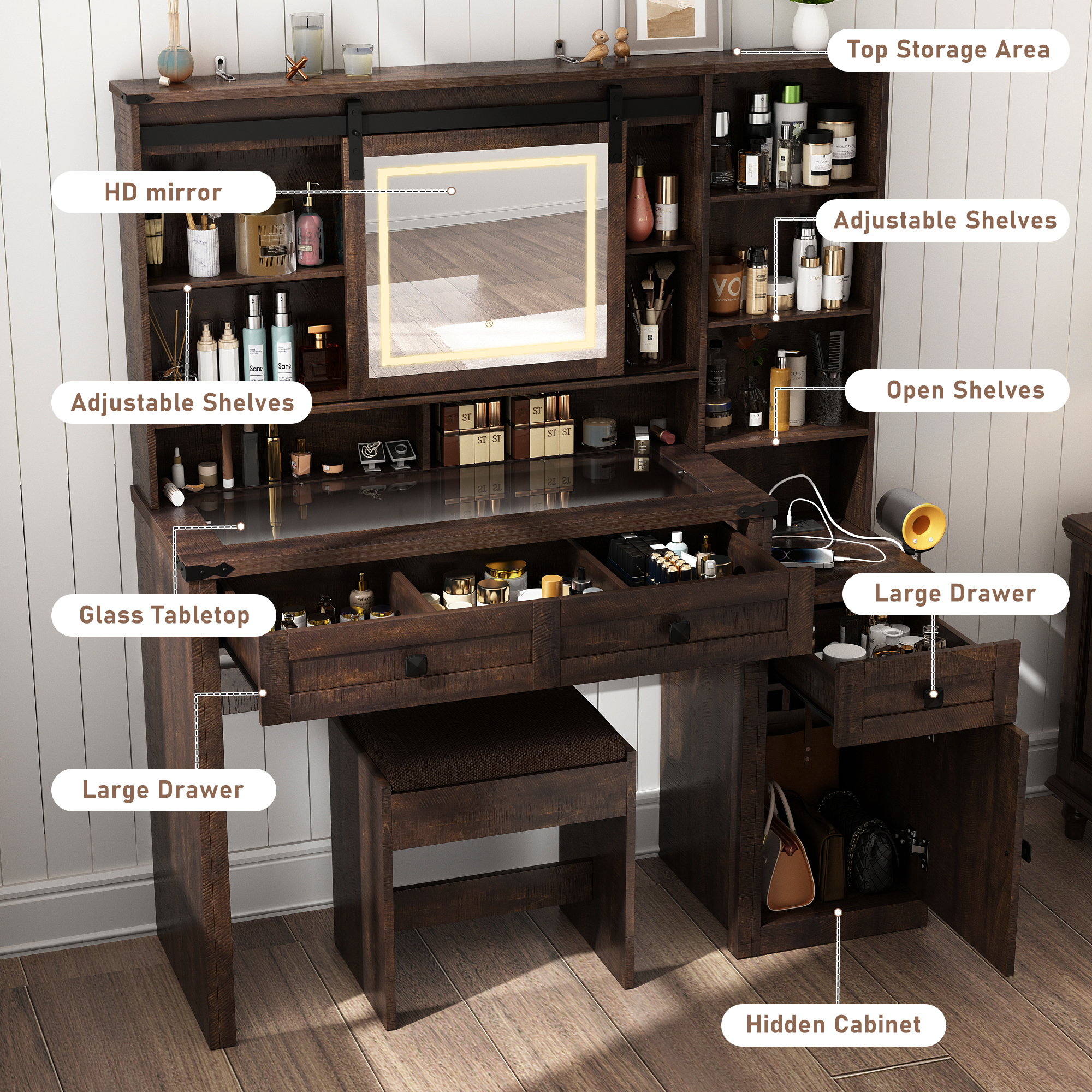 Blotout 47" Farmhouse Makeup Vanity Desk with Sliding Mirror and Lights, Glass Top Vanity Table with Charging Station & 3 Drawers & 1 Cabinet & Stool