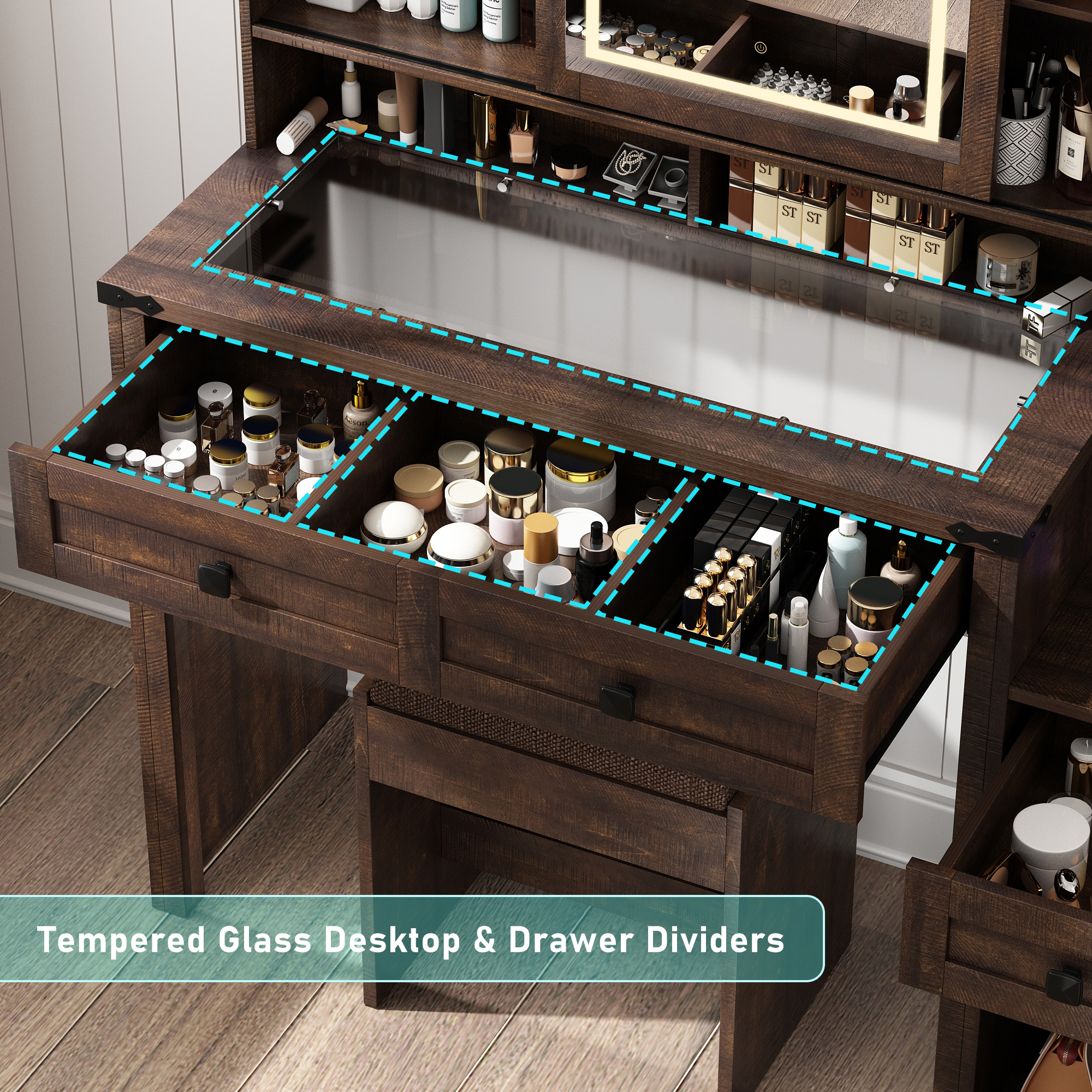 Blotout 47" Farmhouse Makeup Vanity Desk with Sliding Mirror and Lights, Glass Top Vanity Table with Charging Station & 3 Drawers & 1 Cabinet & Stool