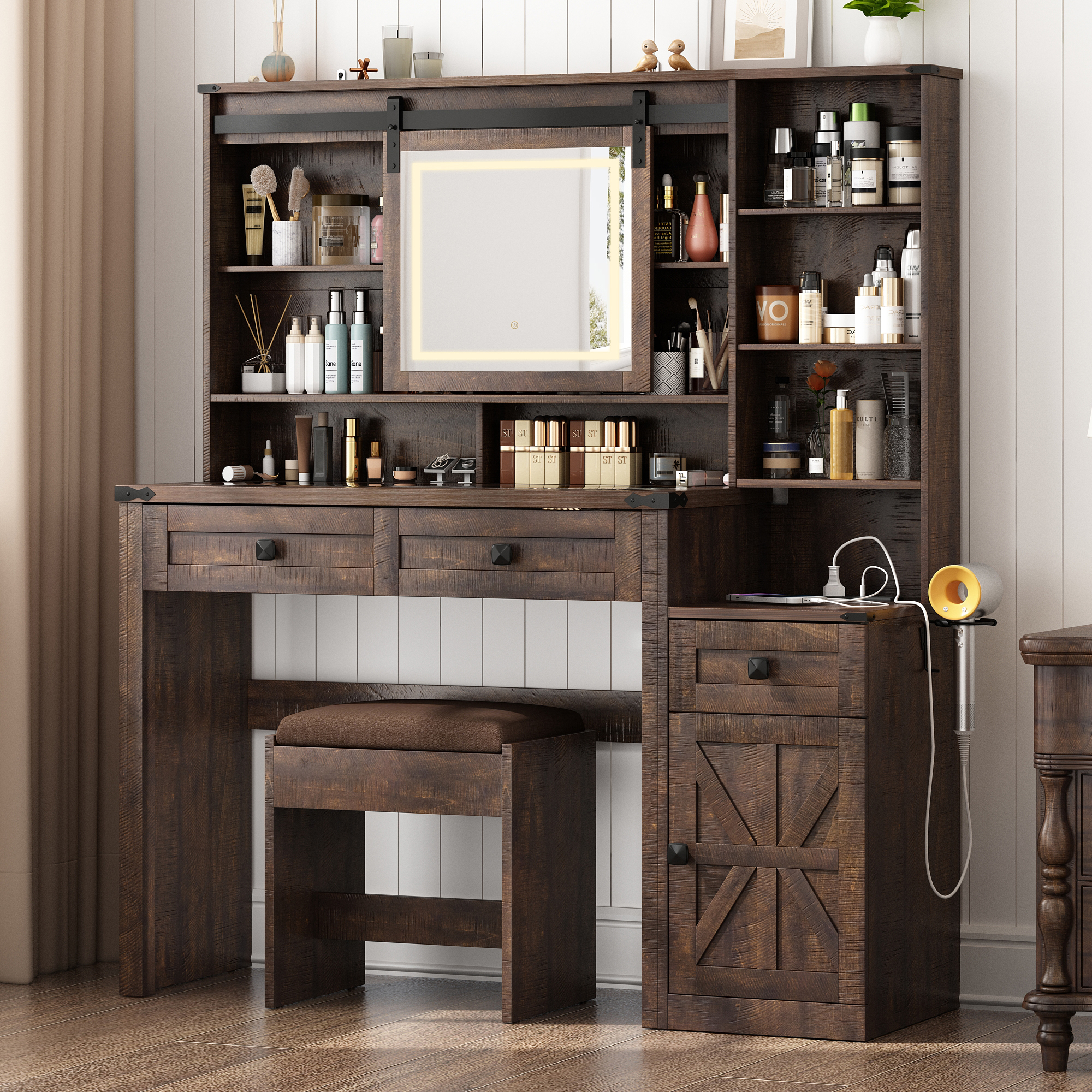 Blotout 47" Farmhouse Makeup Vanity Desk with Sliding Mirror and Lights, Glass Top Vanity Table with Charging Station & 3 Drawers & 1 Cabinet & Stool