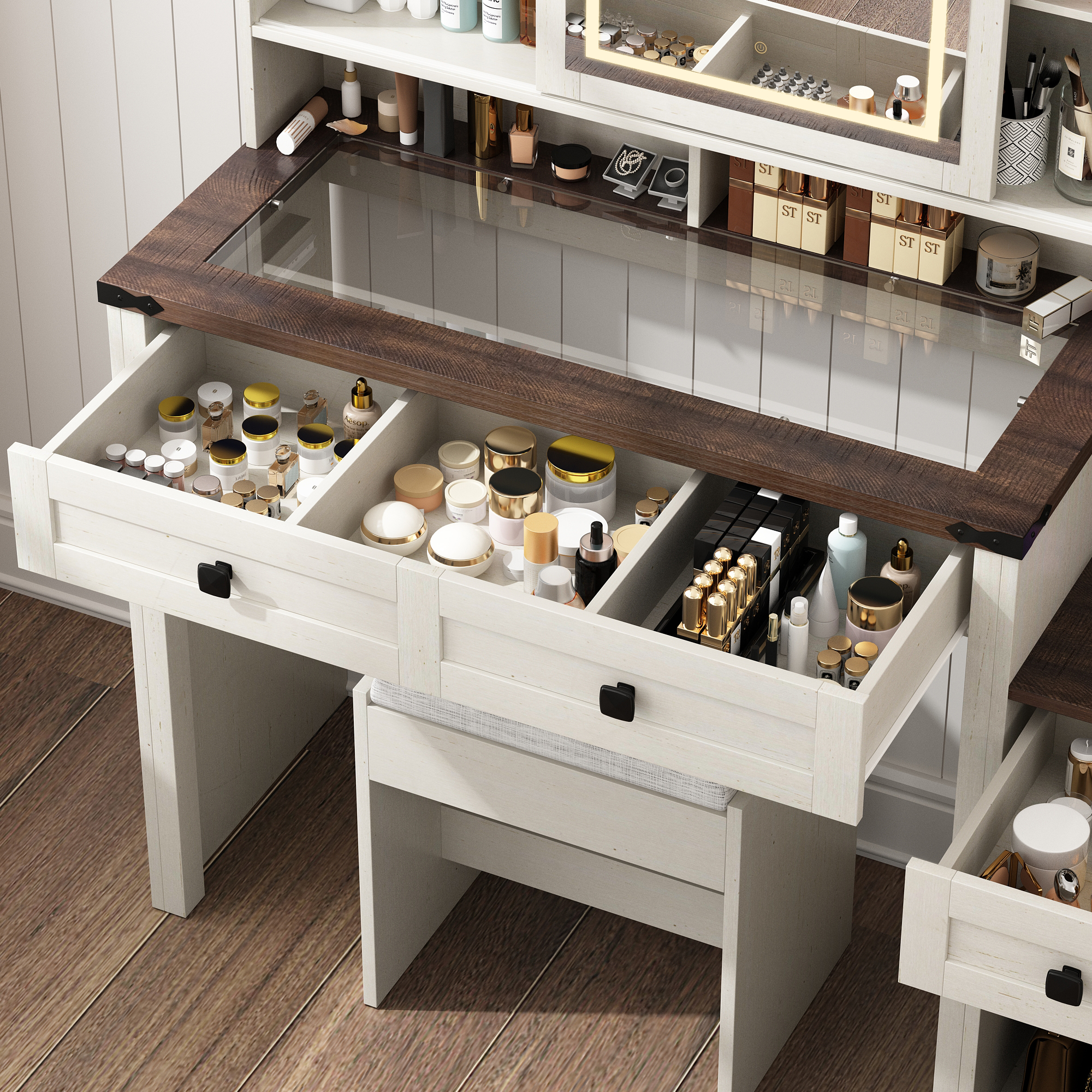 Blotout 47" Farmhouse Makeup Vanity Desk with Sliding Mirror and Lights, Glass Top Vanity Table with Charging Station & 3 Drawers & 1 Cabinet & Stool