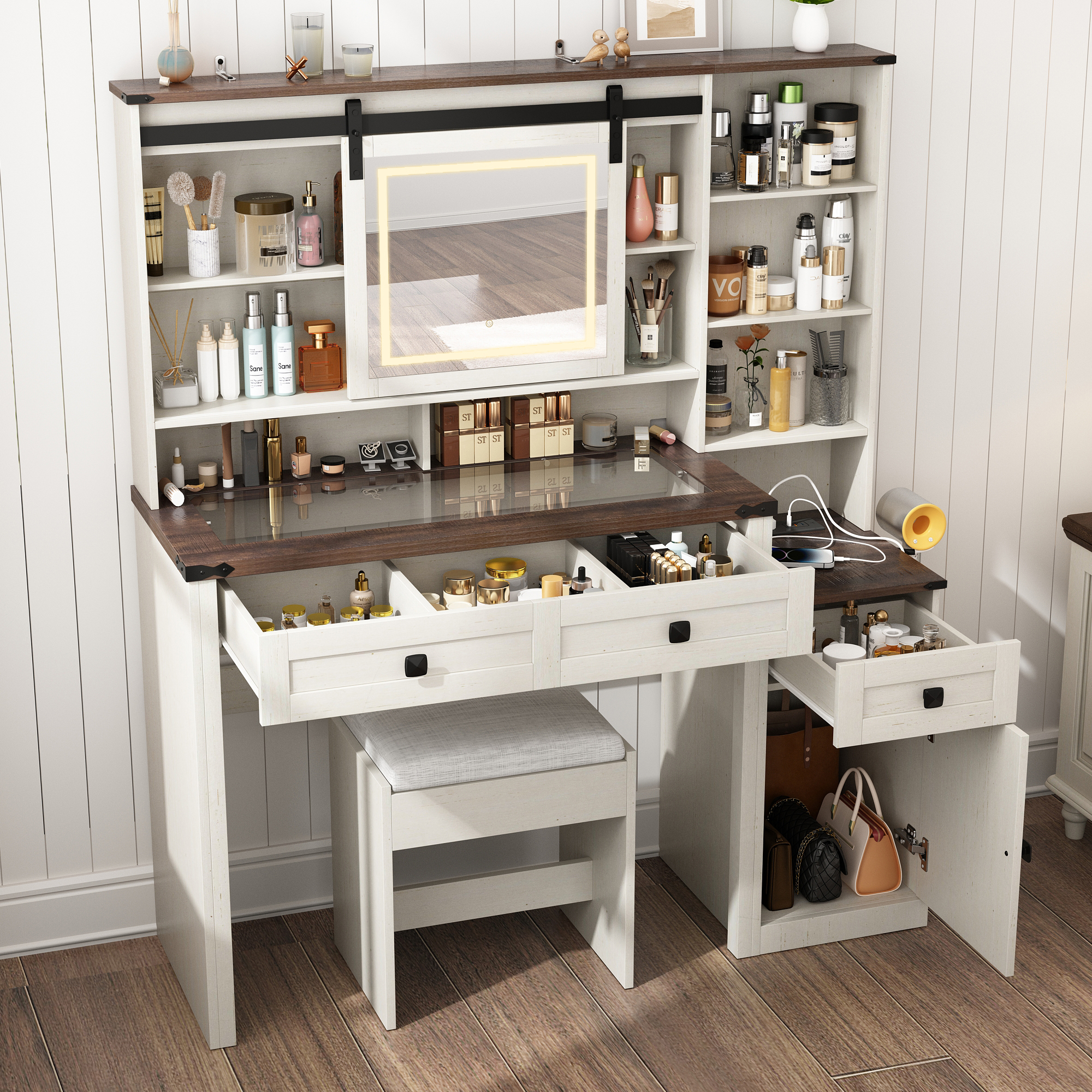 Blotout 47" Farmhouse Makeup Vanity Desk with Sliding Mirror and Lights, Glass Top Vanity Table with Charging Station & 3 Drawers & 1 Cabinet & Stool