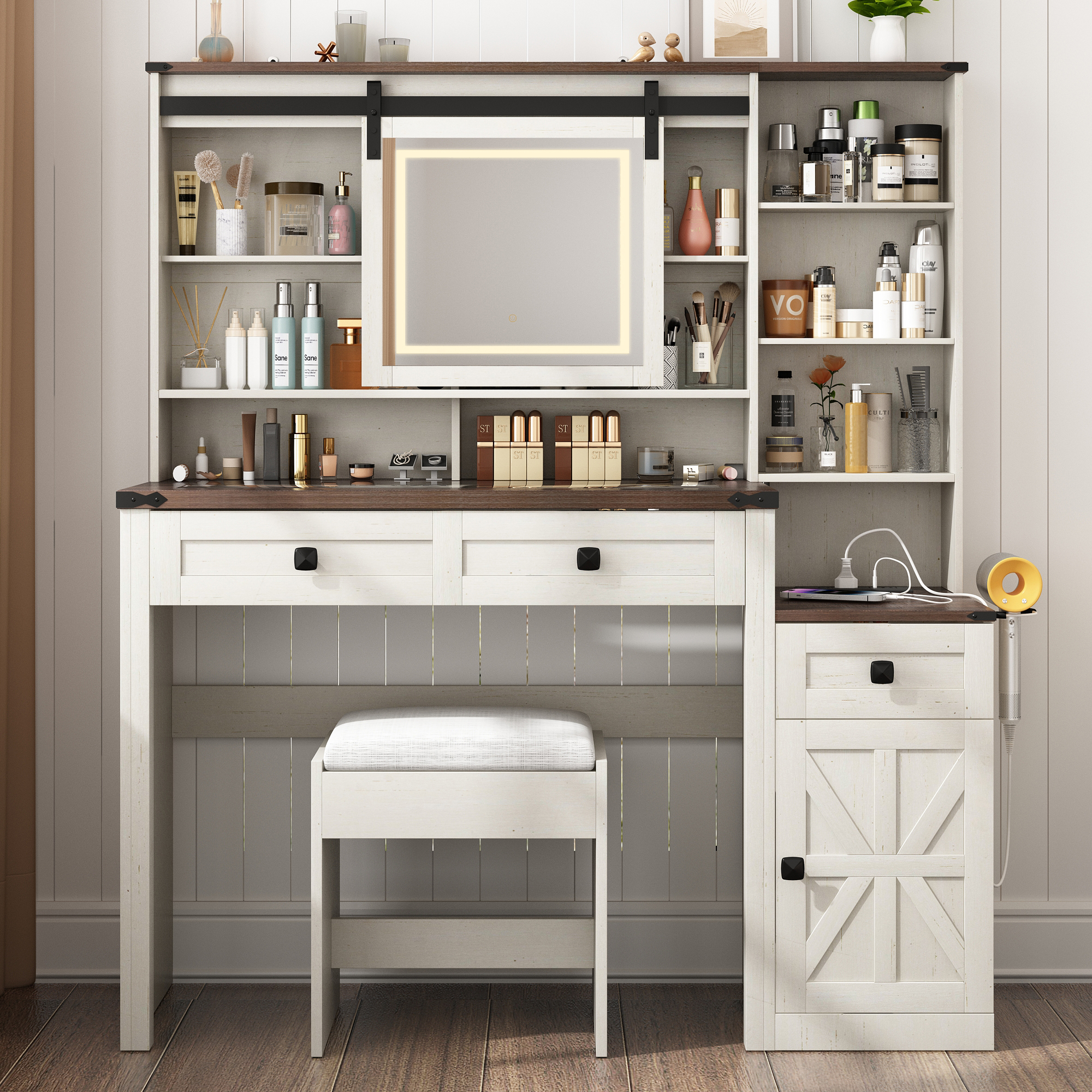 Blotout 47" Farmhouse Makeup Vanity Desk with Sliding Mirror and Lights, Glass Top Vanity Table with Charging Station & 3 Drawers & 1 Cabinet & Stool