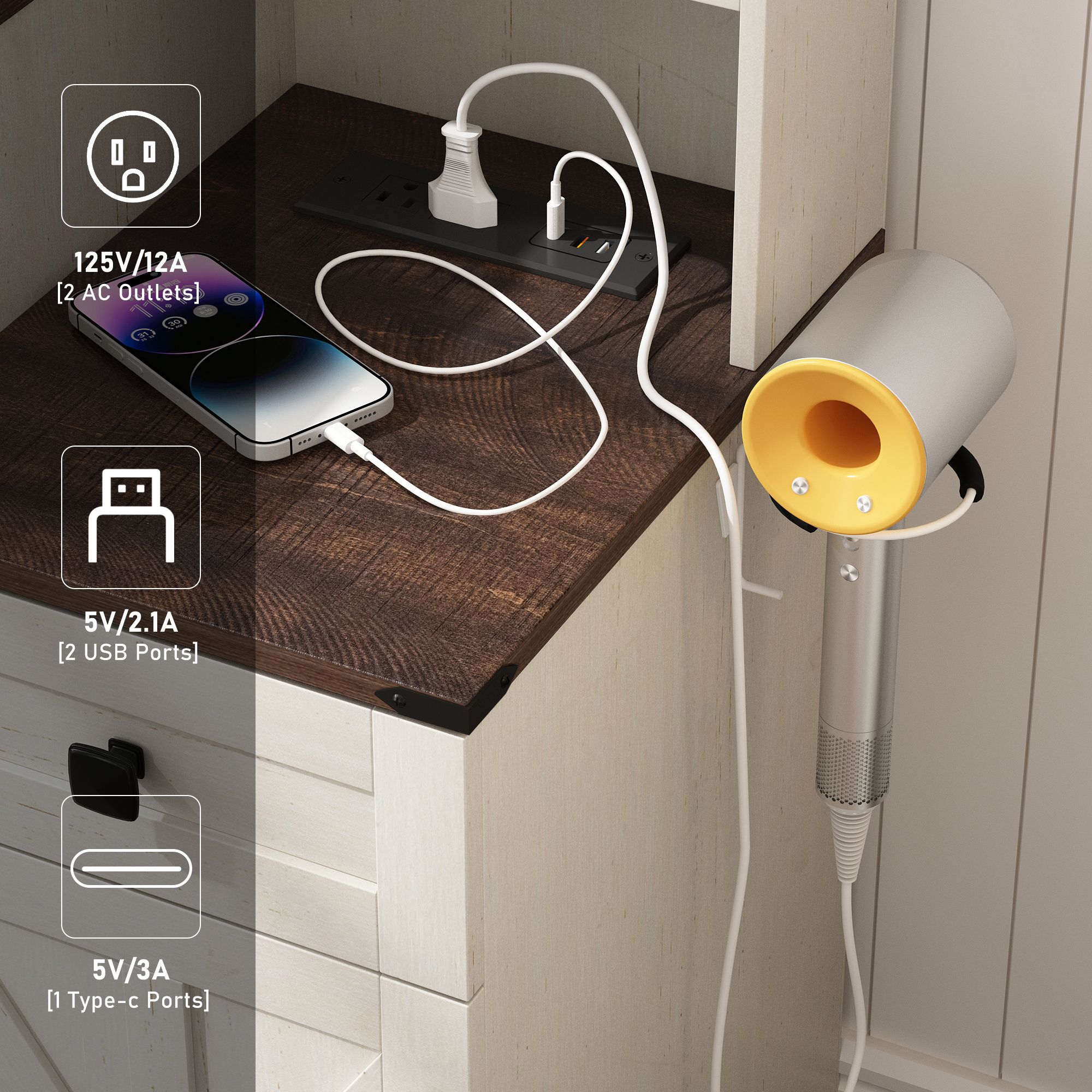 Blotout 47" Farmhouse Makeup Vanity Desk with Sliding Mirror and Lights, Glass Top Vanity Table with Charging Station & 3 Drawers & 1 Cabinet & Stool