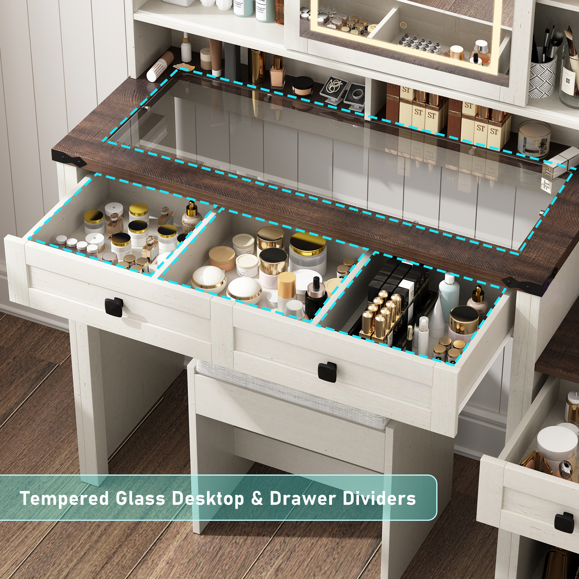 Blotout 47" Farmhouse Makeup Vanity Desk with Sliding Mirror and Lights, Glass Top Vanity Table with Charging Station & 3 Drawers & 1 Cabinet & Stool