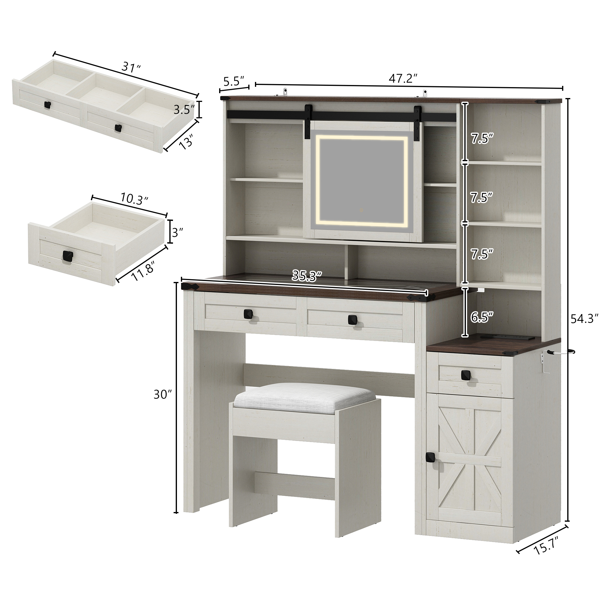 Blotout 47" Farmhouse Makeup Vanity Desk with Sliding Mirror and Lights, Glass Top Vanity Table with Charging Station & 3 Drawers & 1 Cabinet & Stool