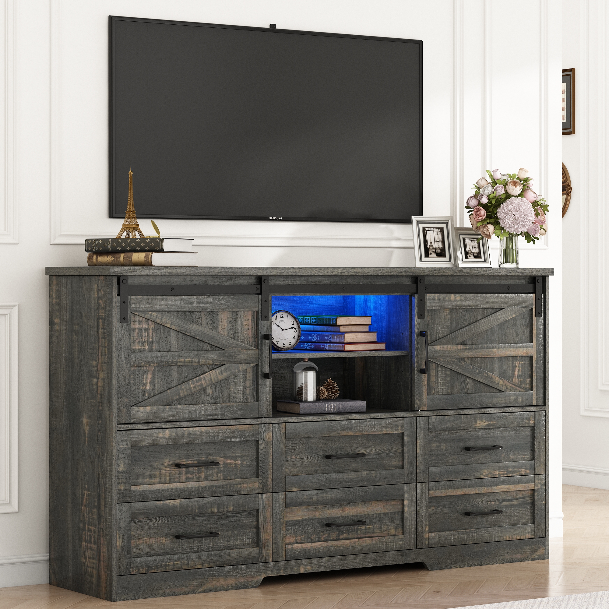 Blotout 63'' LED Farmhouse TV Stand for 70in TV, Dresser TV Stand for Living Room, Farmhouse 6 Drawer Dresser for Bedroom with led light, Tall Entertainment Center Storage Cabinets w/Power Outlets