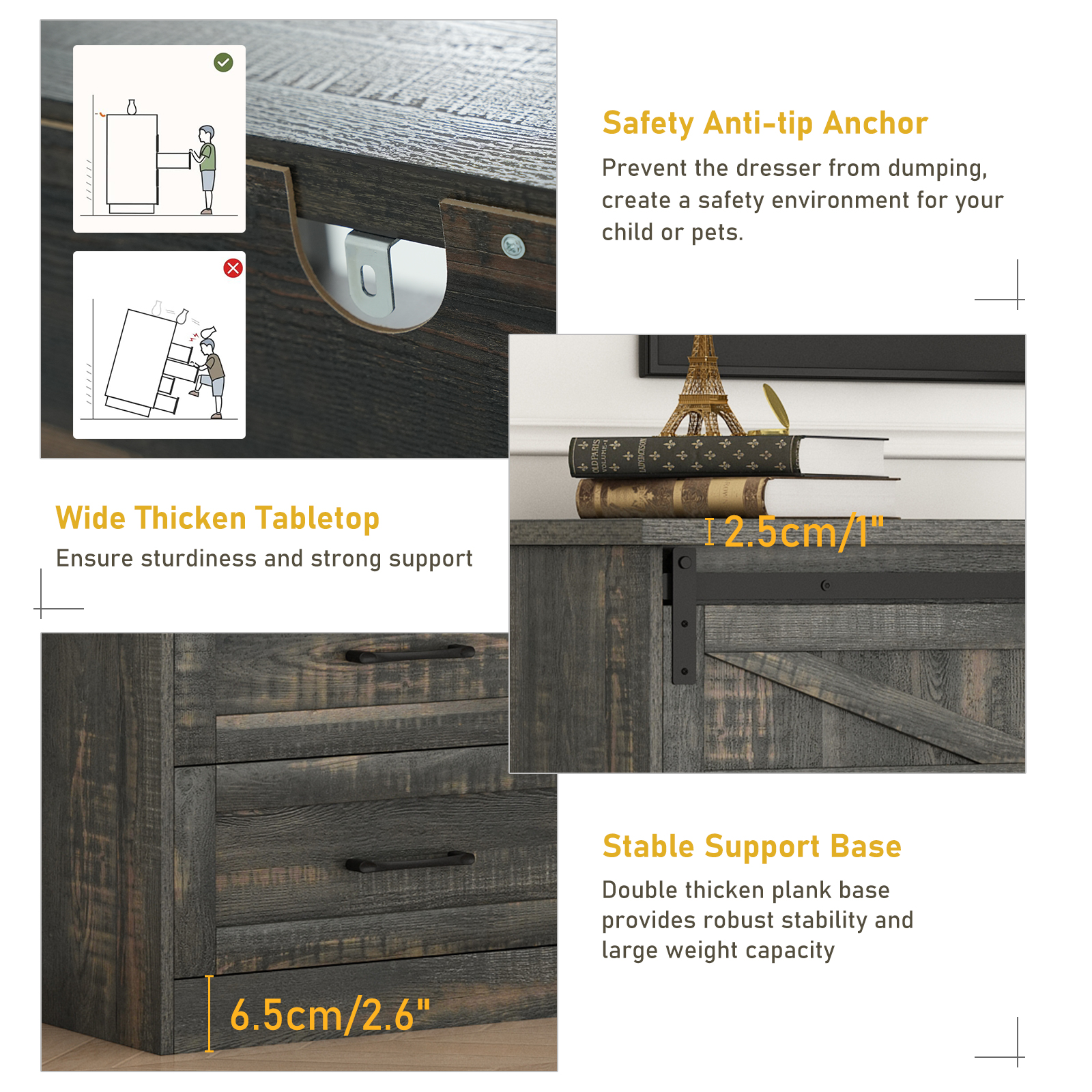 Blotout 63'' LED Farmhouse TV Stand for 70in TV, Dresser TV Stand for Living Room, Farmhouse 6 Drawer Dresser for Bedroom with led light, Tall Entertainment Center Storage Cabinets w/Power Outlets