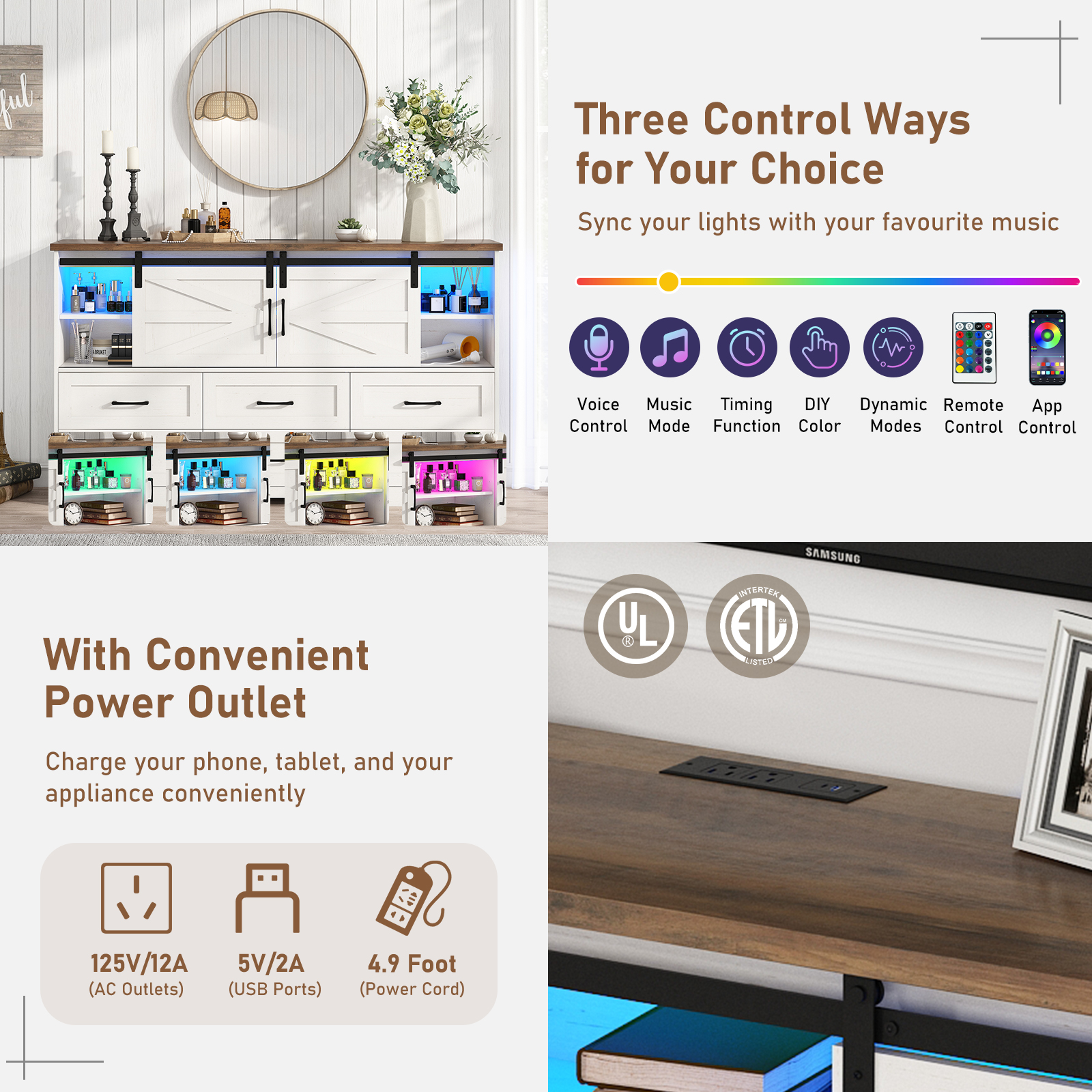 Blotout 63'' LED Farmhouse TV Stand for 70in TV, Dresser TV Stand for Living Room, Farmhouse 6 Drawer Dresser for Bedroom with led light, Tall Entertainment Center Storage Cabinets w/Power Outlets