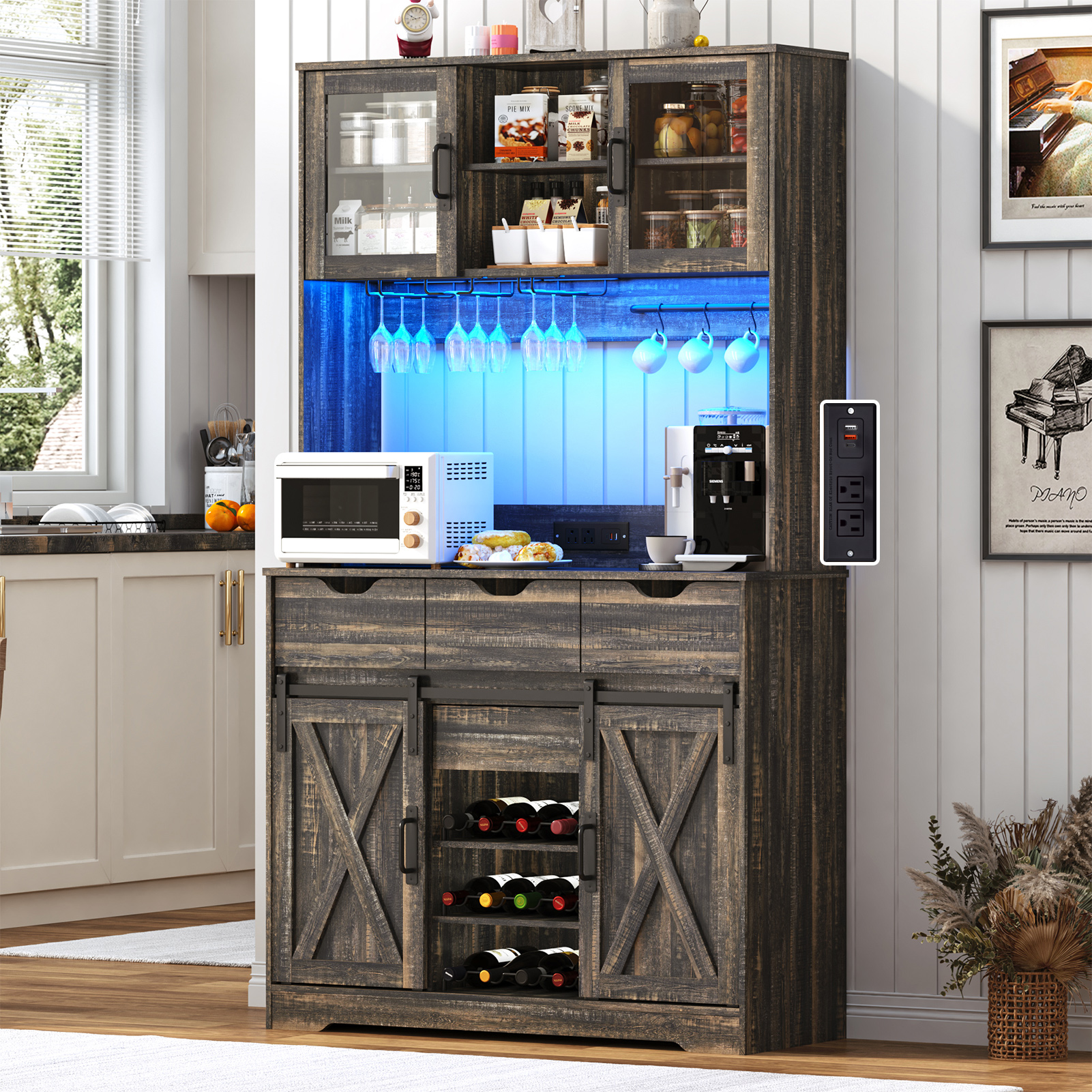 LED Farmhouse Coffee Bar Cabinet with Sliding Barn Door & Outlets 72'' Tall Sideboard Buffet Hutch w/12 Wine Bottles/Glass Racks, 4 Drawers, Hooks