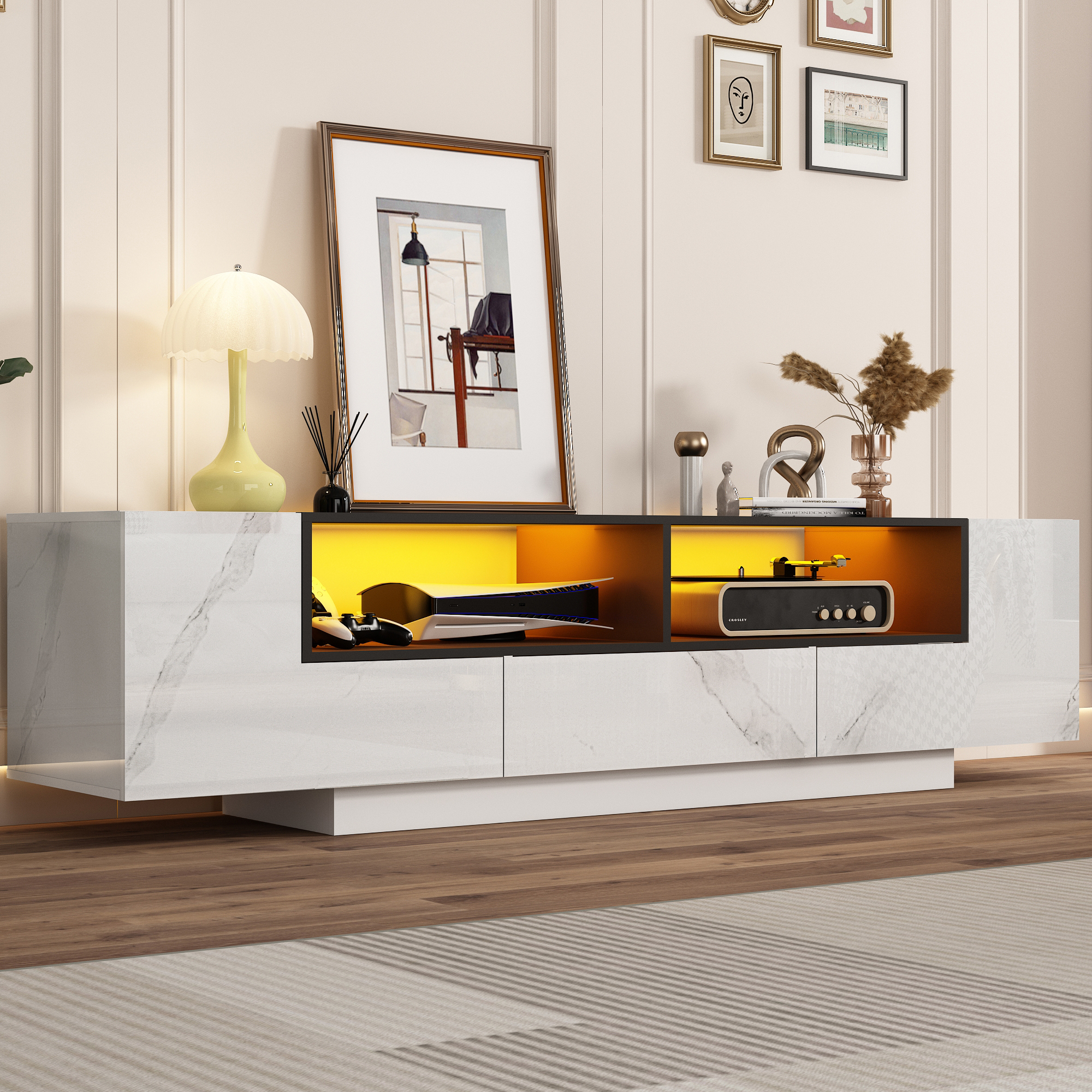 Blotout 70" TV Stand with LED Light for 80" TVs, Luxury Marbling Entertainment Center Large Gaming Media Console with Strorage Cabinets and Open Shelves