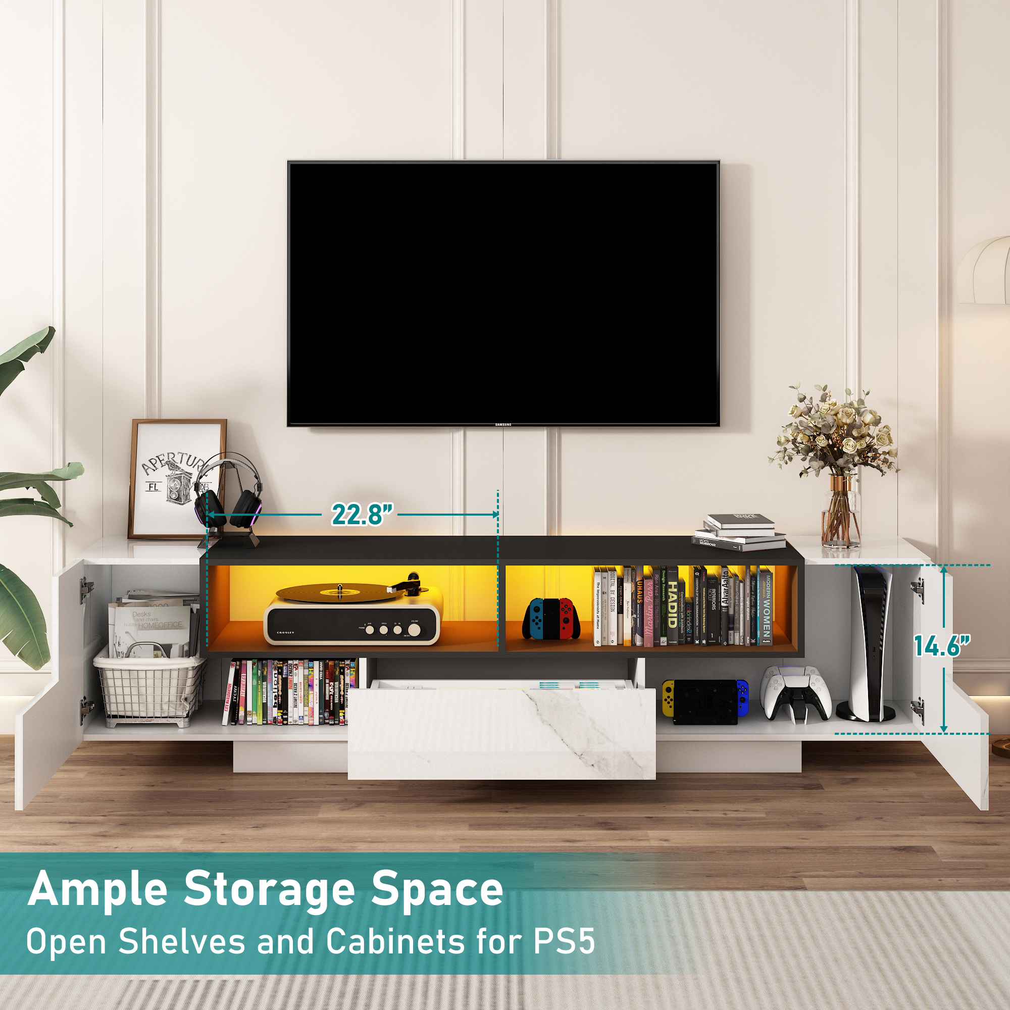 Blotout 70" TV Stand with LED Light for 80" TVs, Luxury Marbling Entertainment Center Large Gaming Media Console with Strorage Cabinets and Open Shelves