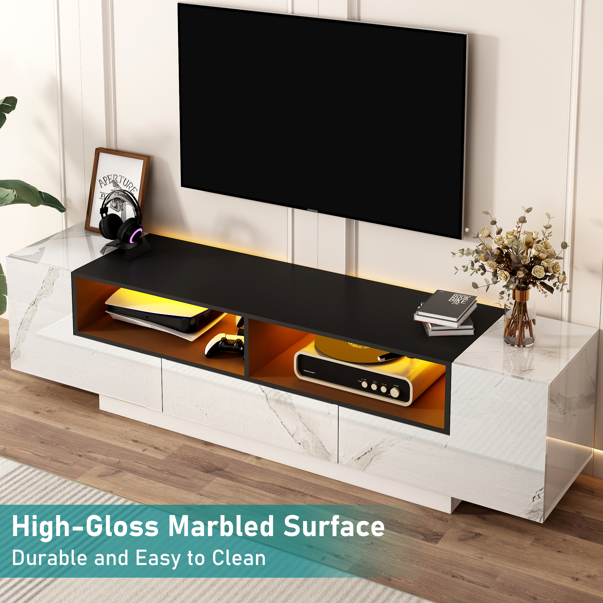 Blotout 70" TV Stand with LED Light for 80" TVs, Luxury Marbling Entertainment Center Large Gaming Media Console with Strorage Cabinets and Open Shelves