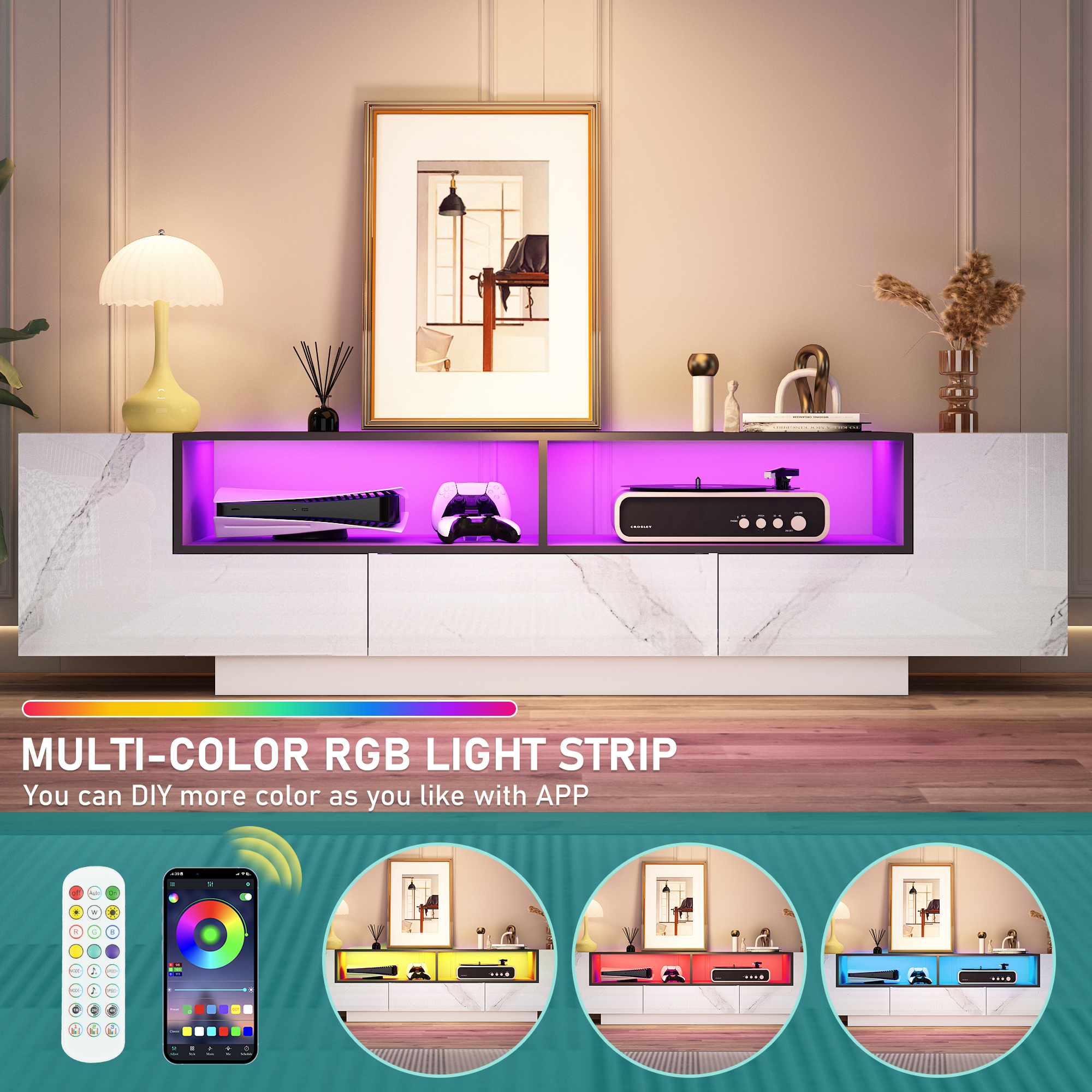 Blotout 70" TV Stand with LED Light for 80" TVs, Luxury Marbling Entertainment Center Large Gaming Media Console with Strorage Cabinets and Open Shelves