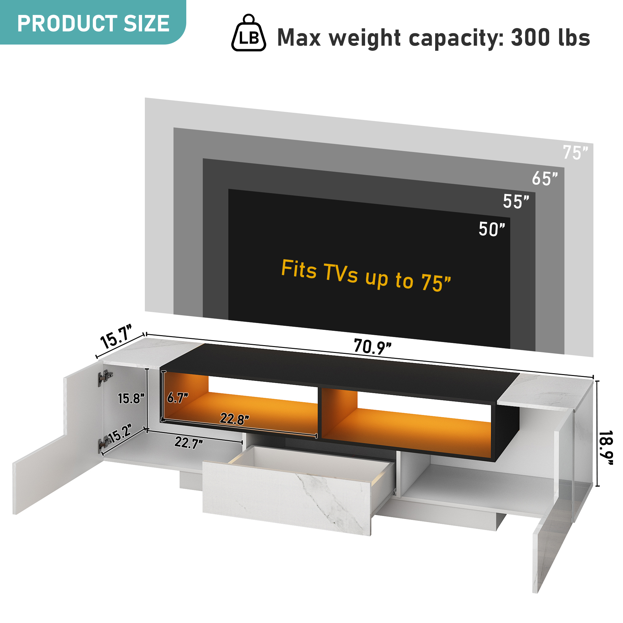 Blotout 70" TV Stand with LED Light for 80" TVs, Luxury Marbling Entertainment Center Large Gaming Media Console with Strorage Cabinets and Open Shelves