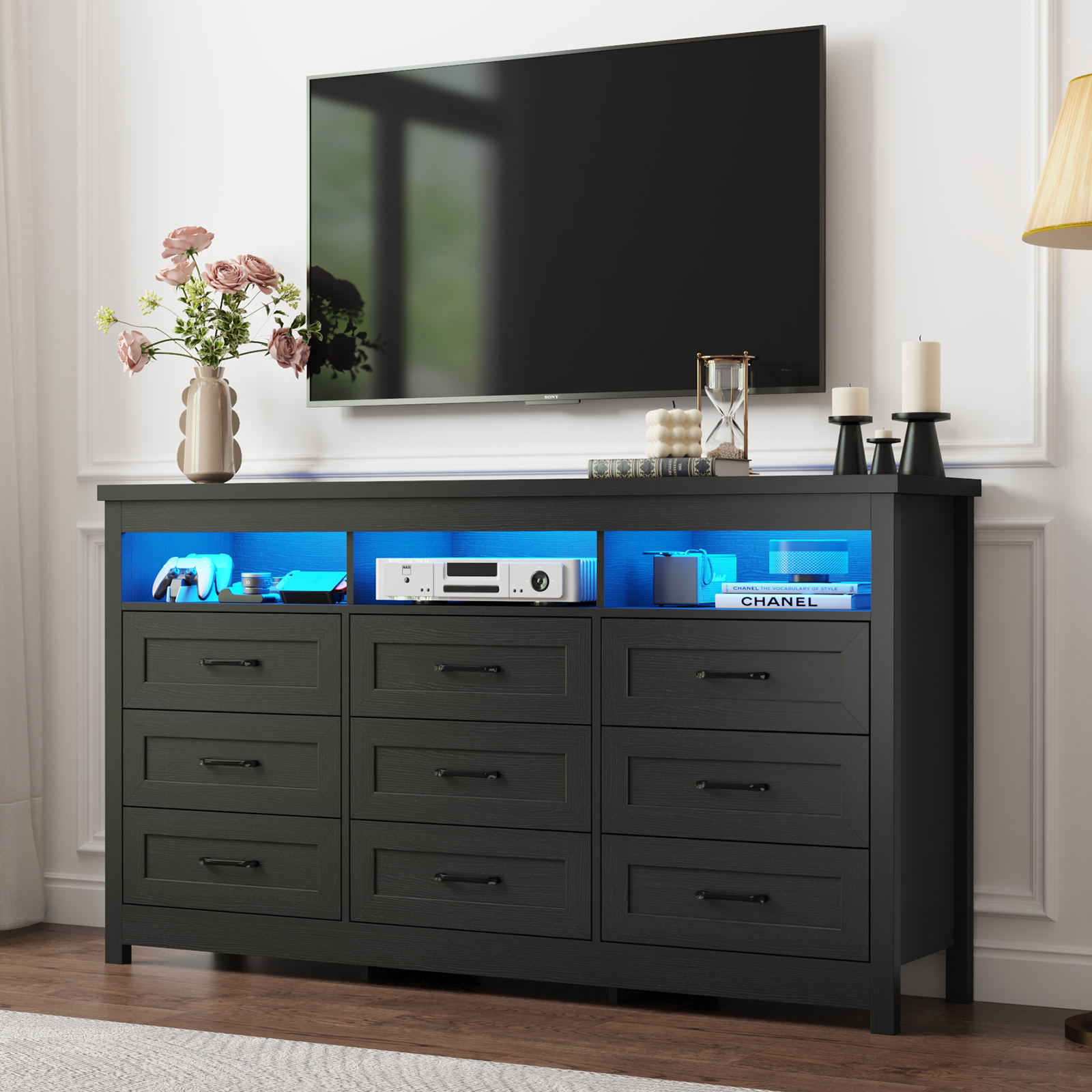 Blotout 63'' LED Farmhouse TV Stand for 70/75in TV, Dresser TV Stand with Power Outlet, 35.4'' Tall Entertainment Center with 3 Storage, Large Media Console Cabinet for Living Room, Bedroom