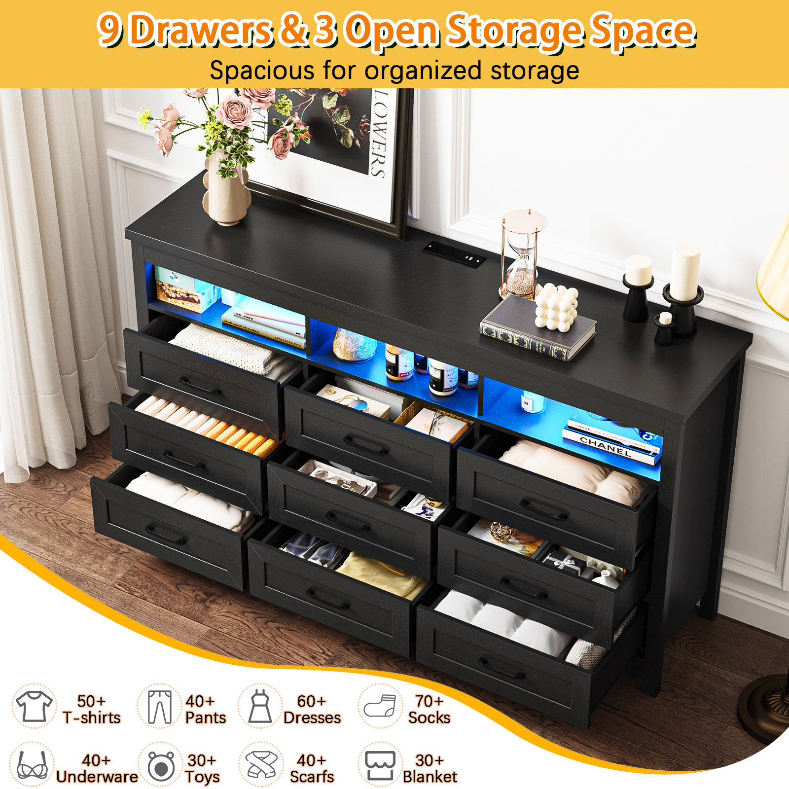 Blotout 63'' LED Farmhouse TV Stand for 70/75in TV, Dresser TV Stand with Power Outlet, 35.4'' Tall Entertainment Center with 3 Storage, Large Media Console Cabinet for Living Room, Bedroom