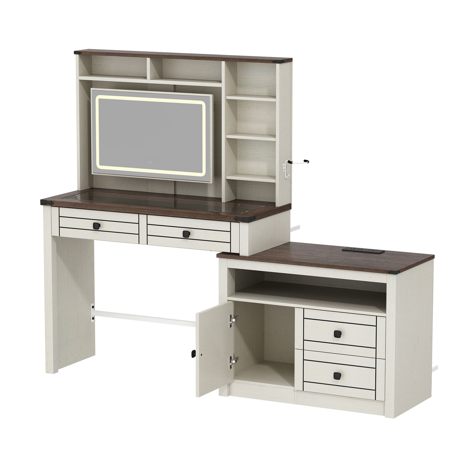 Farmhouse Vanity Desk with Sliding Mirror & Lights, 65'' Large Makeup Vanity with 5 Drawers/Large Storage, White Corner Vanity with Charging Station