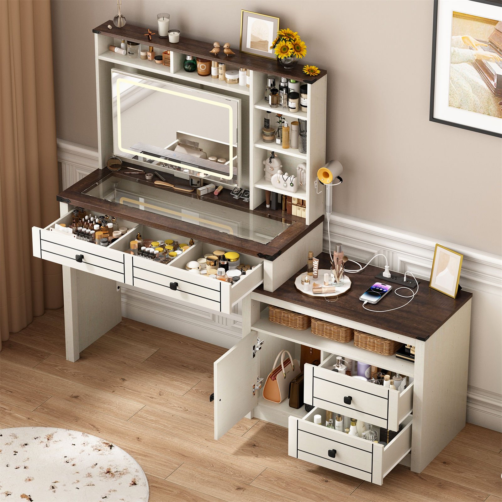 Farmhouse Vanity Desk with Sliding Mirror & Lights, 65'' Large Makeup Vanity with 5 Drawers/Large Storage, White Corner Vanity with Charging Station