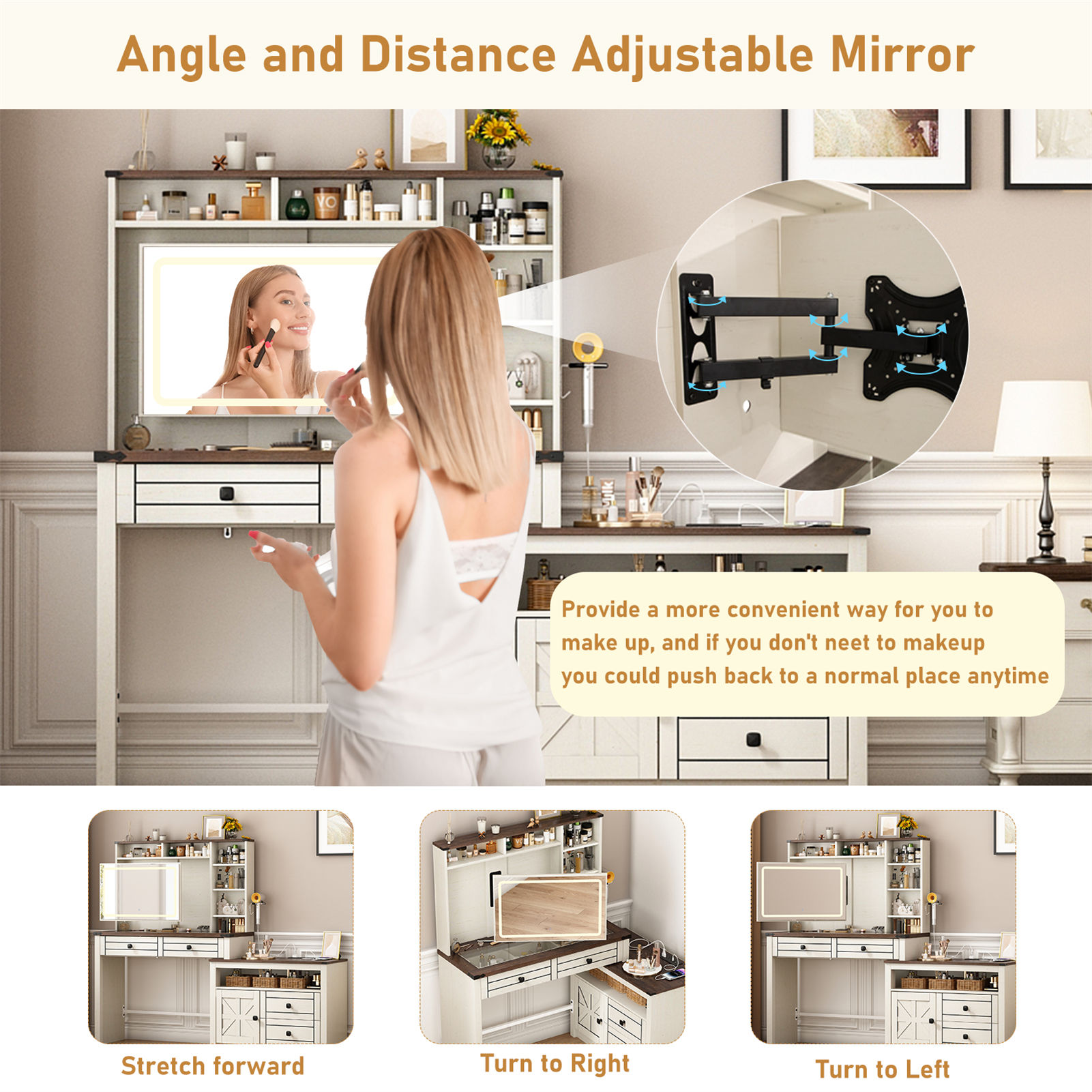 Farmhouse Vanity Desk with Sliding Mirror & Lights, 65'' Large Makeup Vanity with 5 Drawers/Large Storage, White Corner Vanity with Charging Station