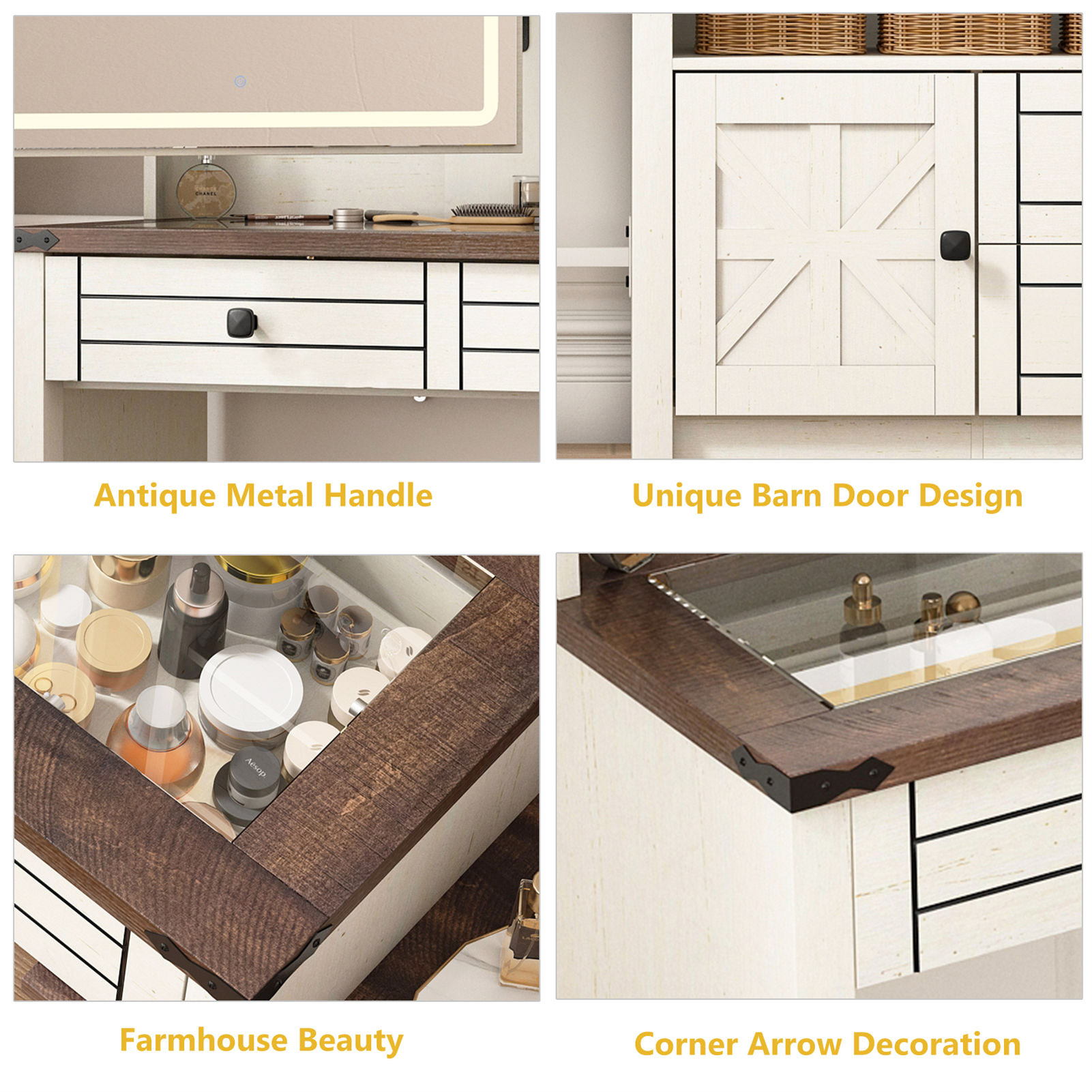 Farmhouse Vanity Desk with Sliding Mirror & Lights, 65'' Large Makeup Vanity with 5 Drawers/Large Storage, White Corner Vanity with Charging Station