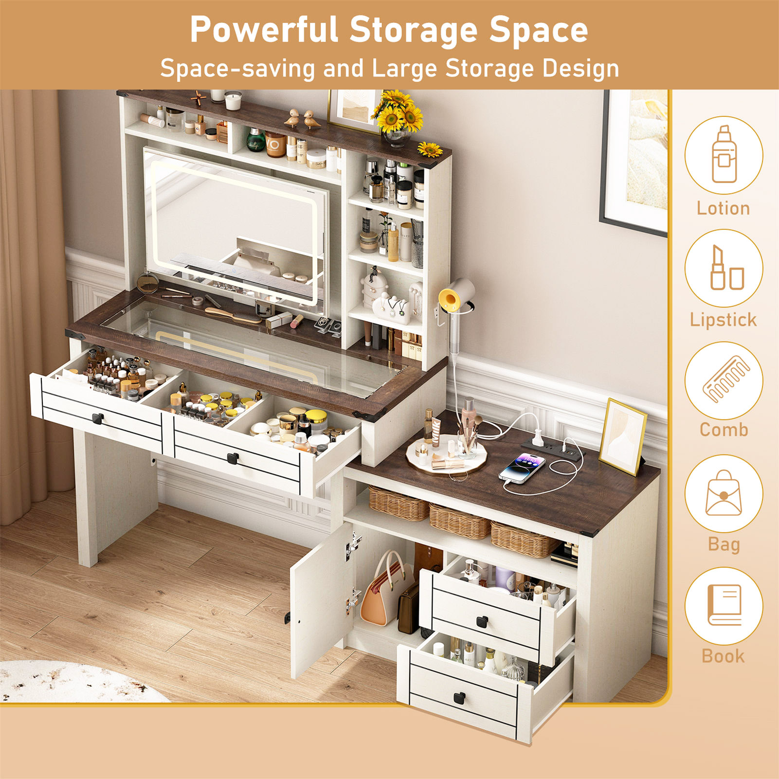 Farmhouse Vanity Desk with Sliding Mirror & Lights, 65'' Large Makeup Vanity with 5 Drawers/Large Storage, White Corner Vanity with Charging Station