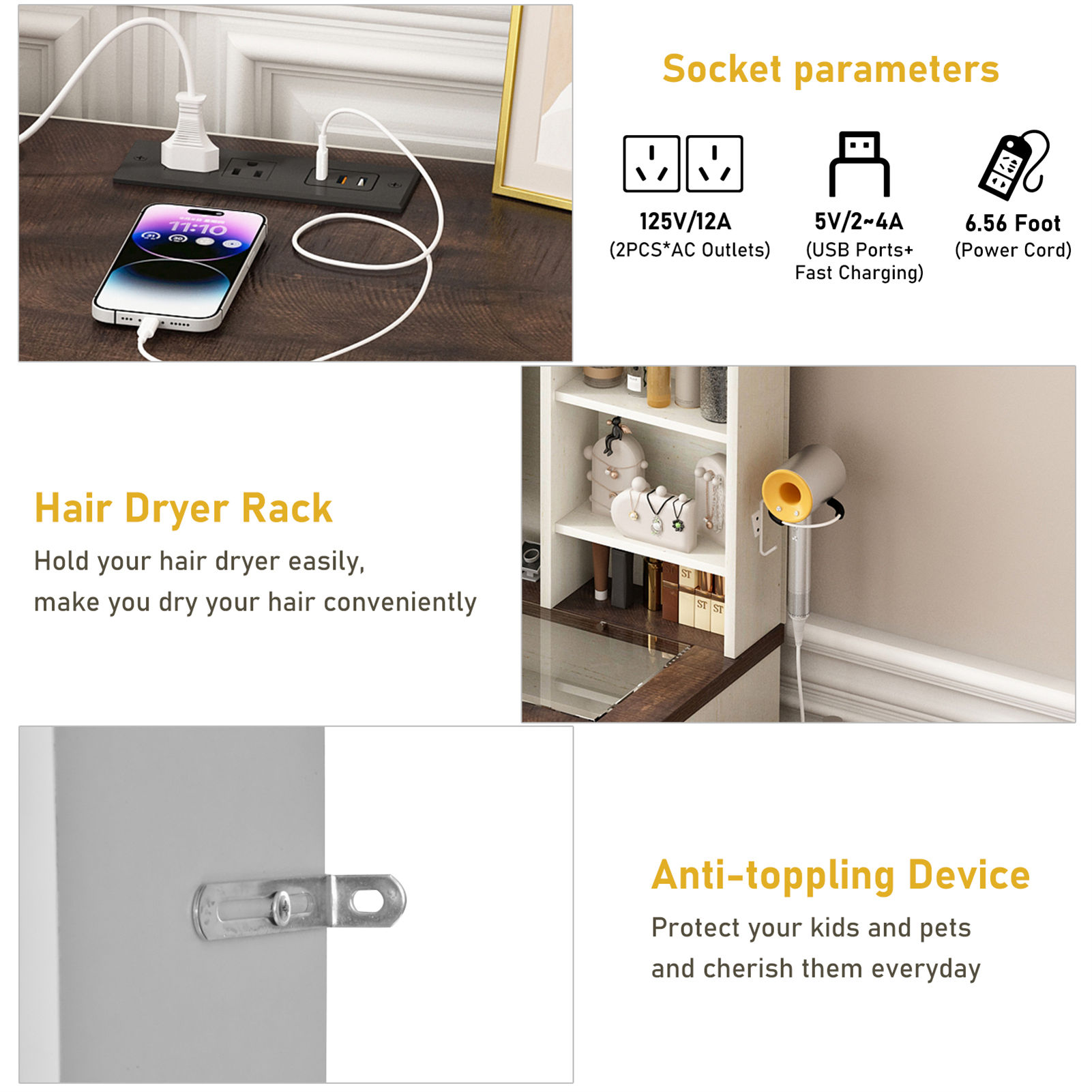 Farmhouse Vanity Desk with Sliding Mirror & Lights, 65'' Large Makeup Vanity with 5 Drawers/Large Storage, White Corner Vanity with Charging Station