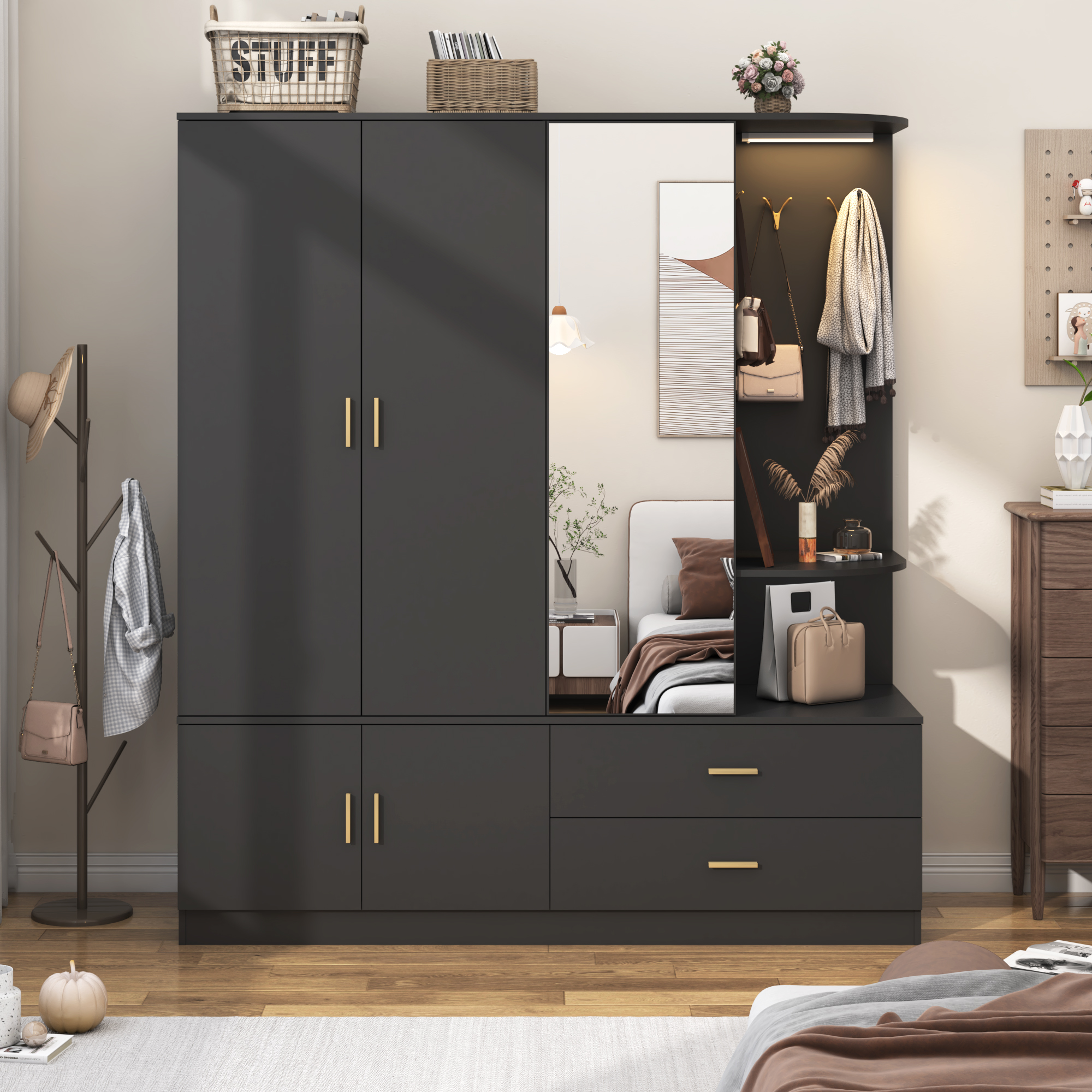 Blotout 4 Door Armoire Wardrobe Closet with Mirror & Sensor Lights, 70'' Large Wardrobe Armoire with 2 Drawers & Shelves, Modern Wooden Armoire Storage with Hanging Rod for Bedroom Home