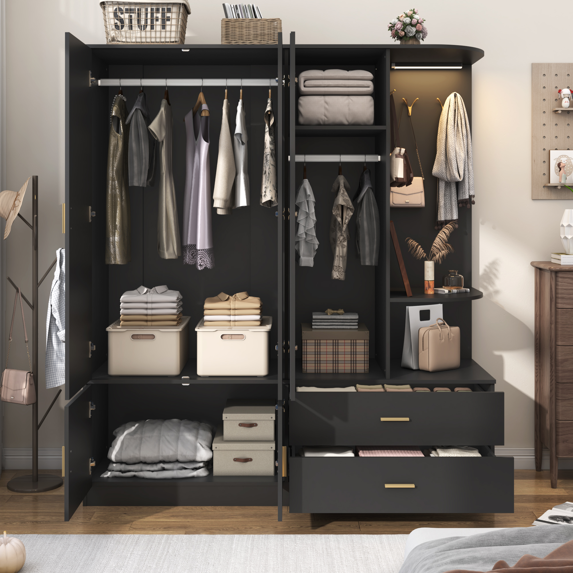 Blotout 4 Door Armoire Wardrobe Closet with Mirror & Sensor Lights, 70'' Large Wardrobe Armoire with 2 Drawers & Shelves, Modern Wooden Armoire Storage with Hanging Rod for Bedroom Home