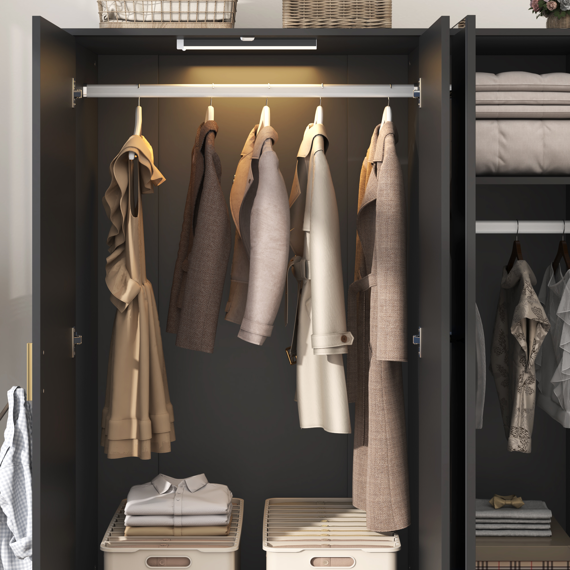 Blotout 4 Door Armoire Wardrobe Closet with Mirror & Sensor Lights, 70'' Large Wardrobe Armoire with 2 Drawers & Shelves, Modern Wooden Armoire Storage with Hanging Rod for Bedroom Home