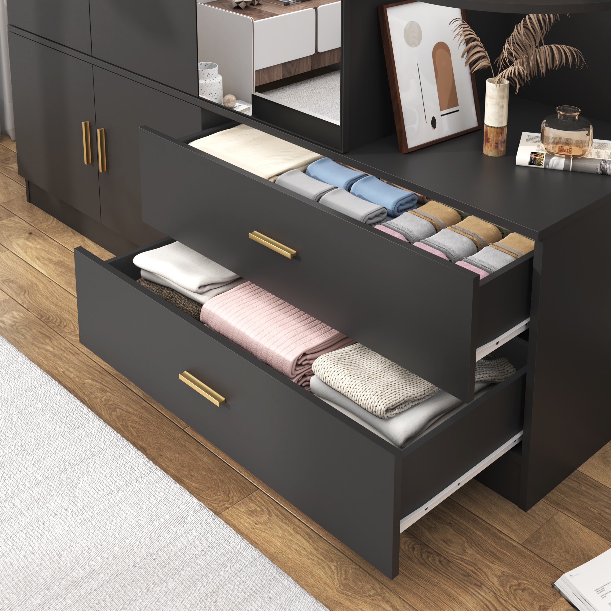 Blotout 4 Door Armoire Wardrobe Closet with Mirror & Sensor Lights, 70'' Large Wardrobe Armoire with 2 Drawers & Shelves, Modern Wooden Armoire Storage with Hanging Rod for Bedroom Home