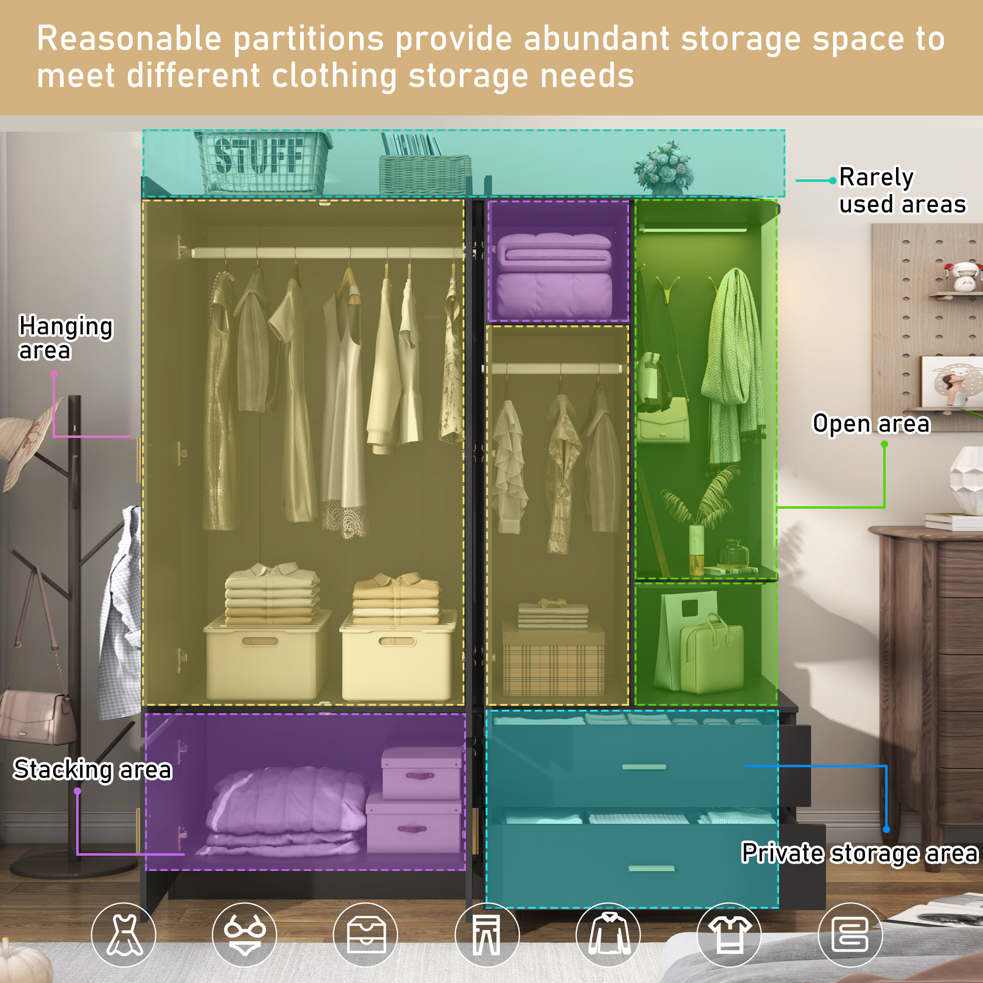 Blotout 4 Door Armoire Wardrobe Closet with Mirror & Sensor Lights, 70'' Large Wardrobe Armoire with 2 Drawers & Shelves, Modern Wooden Armoire Storage with Hanging Rod for Bedroom Home