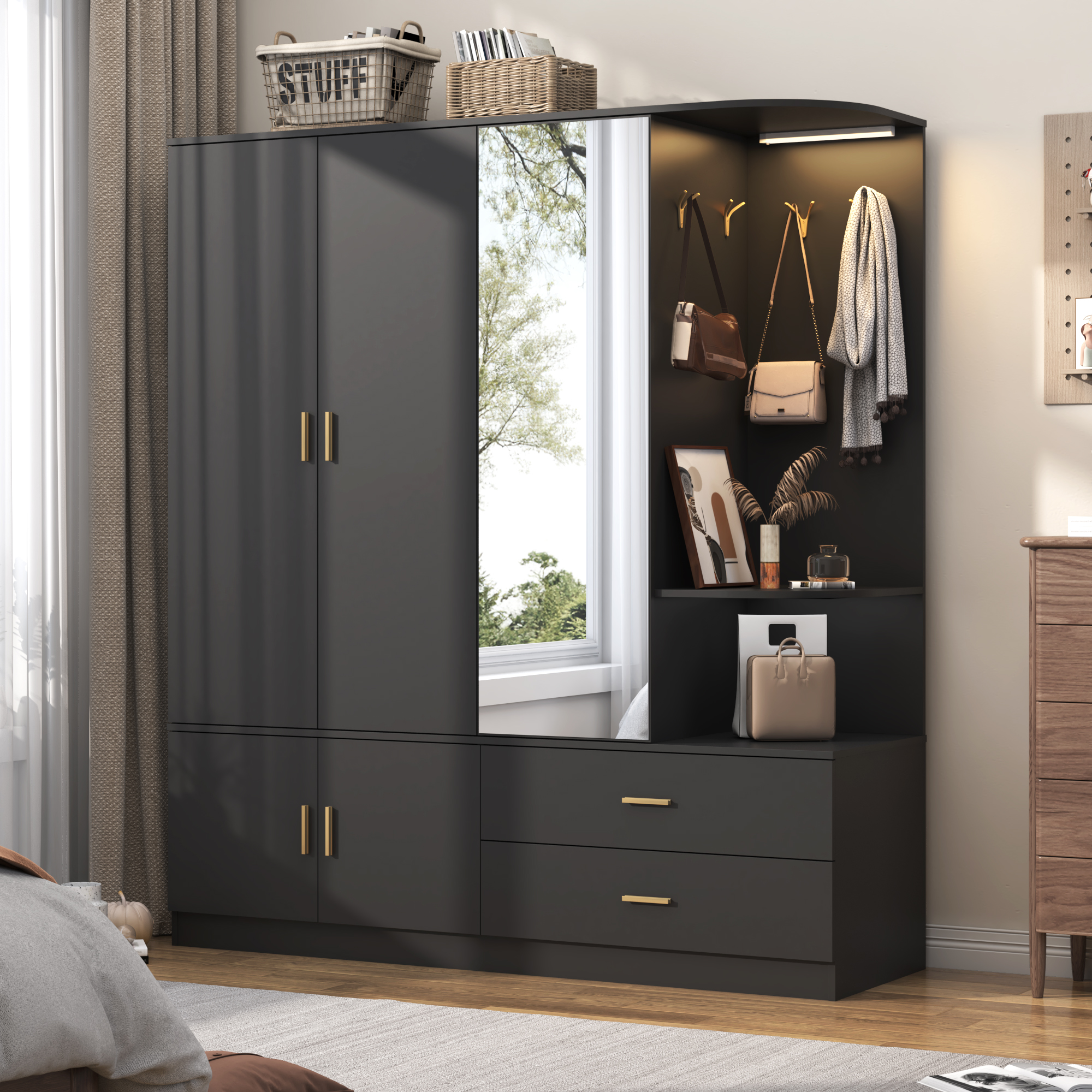 Blotout 4 Door Armoire Wardrobe Closet with Mirror & Sensor Lights, 70'' Large Wardrobe Armoire with 2 Drawers & Shelves, Modern Wooden Armoire Storage with Hanging Rod for Bedroom Home